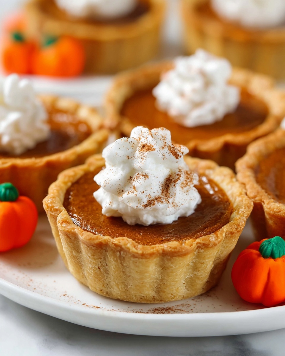 The image shows three small pumpkin pies on a white plate with a detailed edge. Each pie has a golden-brown crust with visible texture and a smooth, deep orange filling inside. On top of each pie is a swirl of white whipped cream, one of which is lightly sprinkled with cinnamon. Around the plate are two small orange pumpkin-shaped candies and two cinnamon sticks in the background. The surface under the plate has a white marbled texture with a light dusting of cinnamon powder. photo taken with an iphone --ar 4:5 --v 7