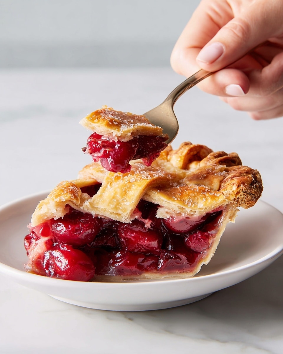A slice of cherry pie sits on a white plate with a white marbled background. The pie has two visible layers: the bottom layer is a thick crust with a golden-brown color, and the middle layer is a bright, glossy red cherry filling with whole cherries showing. The top layer is a lattice crust sprinkled with coarse sugar, giving it a crunchy texture and a golden sparkling look. A woman's hand is using a fork to lift a piece of the pie, showing the juicy filling and flaky crust in detail. Photo taken with an iphone --ar 4:5 --v 7