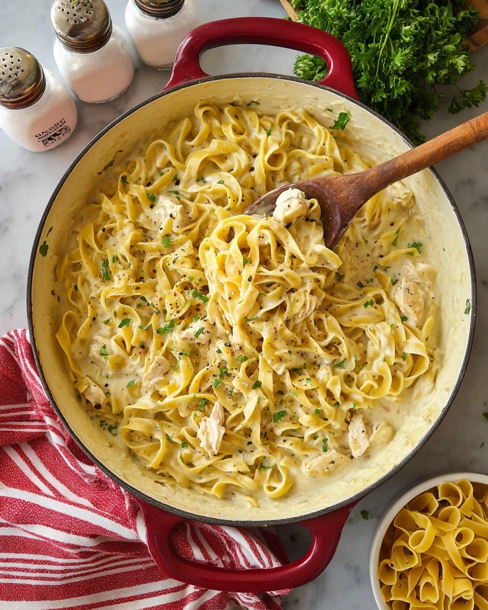 The image shows a round, white pan with red handles filled with creamy egg noodles that have a soft, smooth texture and are coated with a light yellow sauce. Small pieces of light-colored meat are mixed evenly throughout the noodles. The dish is topped with specks of black pepper and tiny bits of green herbs. A wooden spoon with a rounded handle is scooping some noodles from the bottom right side of the pan. The pan sits on a dark wooden table with a white marbled surface visible in parts, alongside a white bowl of dry egg noodles, two white ceramic containers labeled 