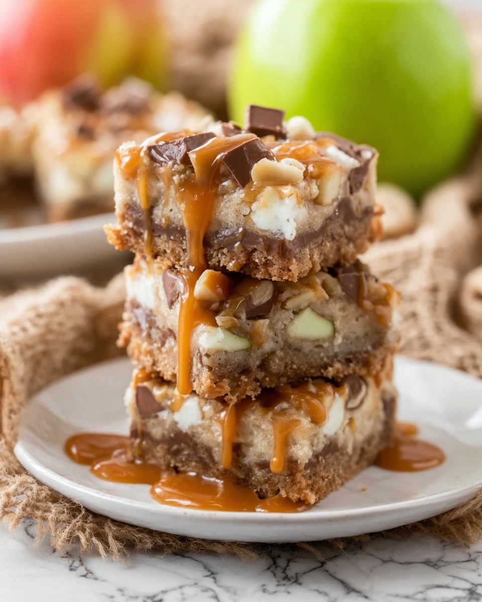 Caramel Apple Pie Magic Bars Recipe 6 The image shows three stacked bars with four clear layers. The bottom layer is golden brown and crumbly, like a cookie crust. Above it is a dark brown, smooth-looking chocolate layer. The third layer is a mix of white, soft, and slightly melted marshmallows spread unevenly on top of the chocolate. The top layer is caramel, drizzled in amber color with some shiny nuts scattered around. The bars sit on white parchment paper with a soft, blurred white marbled background. Photo taken with an iphone --ar 4:5 --v 7