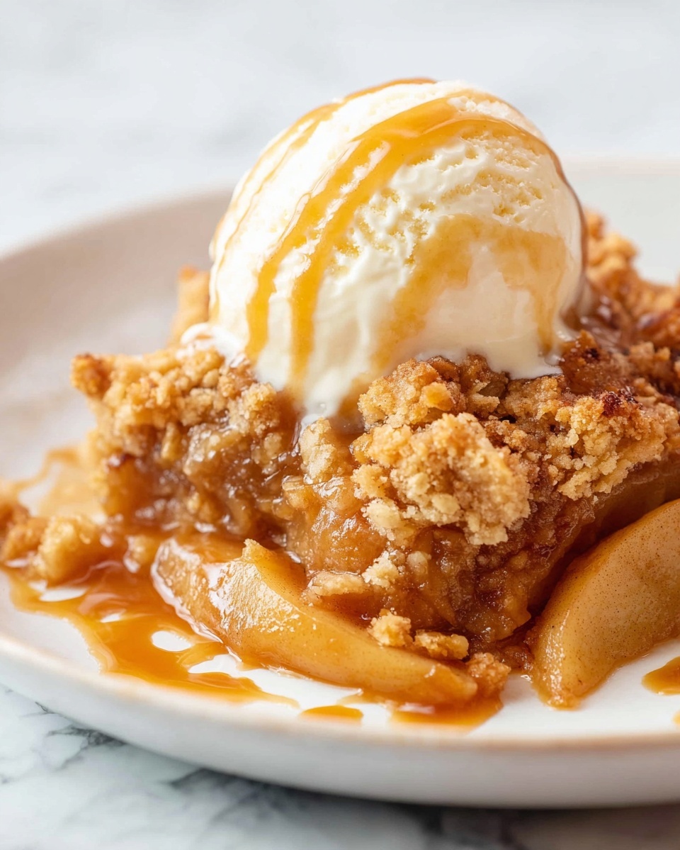 A white plate holds a warm apple crumble dessert with thick, soft apple slices in the bottom layer, coated in a shiny, golden-brown syrup. On top, there is a crumbly, rough-textured topping with a golden-yellow color, slightly crispy on the edges. A creamy scoop of vanilla ice cream sits over the crumble, melting slowly with light caramel-colored syrup drizzled over it, blending the smooth white ice cream with the warm dessert beneath. The background features a white marbled surface, and a slightly blurred metal spoon rests behind the plate. photo taken with an iphone --ar 4:5 --v 7