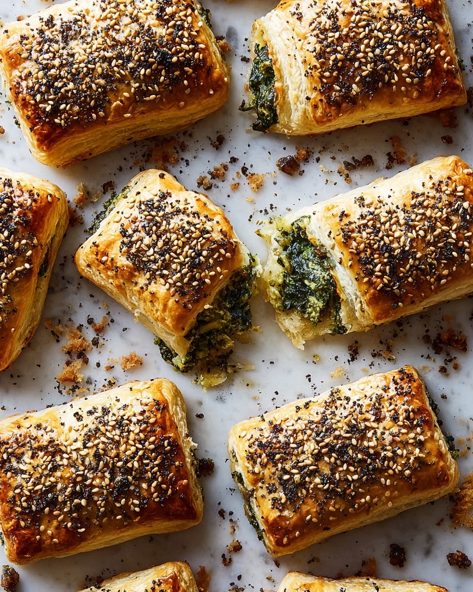 A stack of five golden-brown pastries sits on a white plate over a white marbled surface, each pastry showing flaky layers with a soft, slightly crumbly texture inside. The pastries are topped with a mix of sesame seeds, black seeds, and crushed spices, creating a speckled, crunchy surface. The filling, visible at the ends of some pastries, is green and finely chopped, with a slightly moist appearance. The pastries are arranged in a casual pile with uneven edges, showing some of the green filling peeking through the layers. Photo taken with an iphone --ar 4:5 --v 7