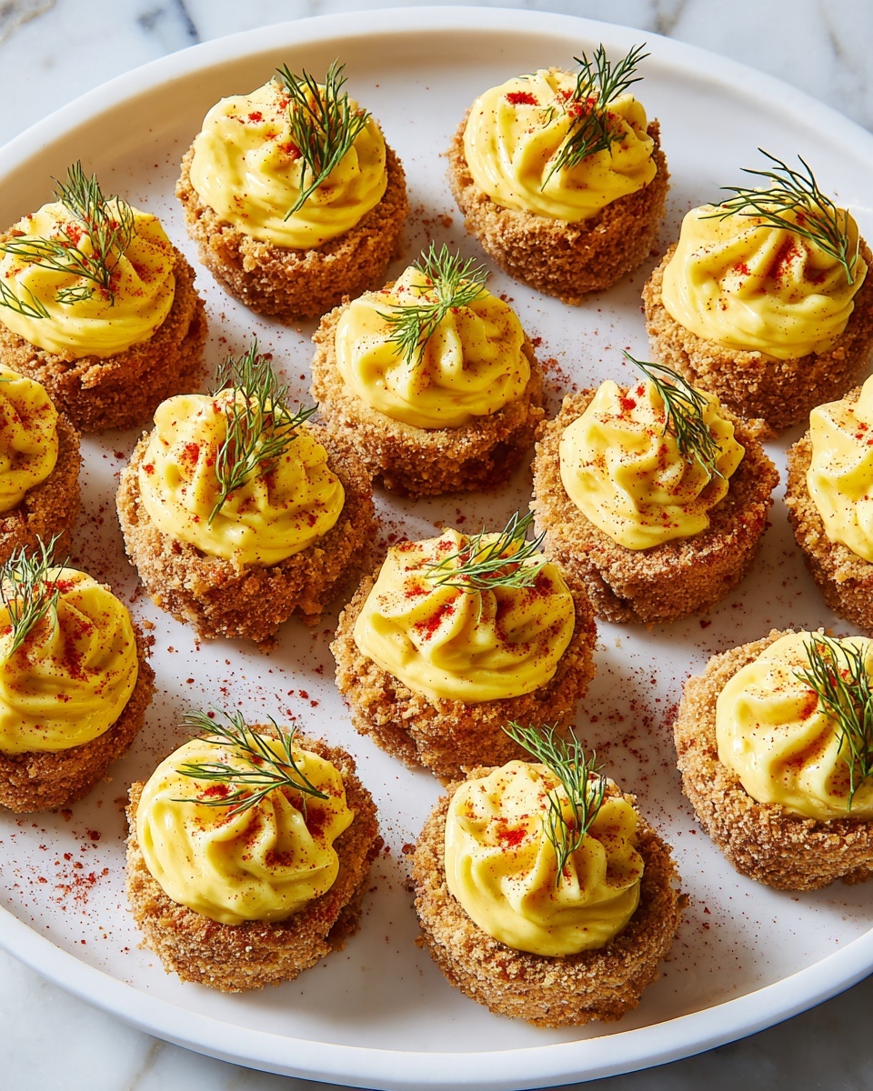 The image shows a white plate with a red rim, filled with round crispy bites that have a textured, golden-brown crumb layer on the outside. Each bite has a swirl of bright yellow creamy topping piped in a rosette shape on top, sprinkled lightly with a reddish powder, and finished with a small green herb sprig for decoration. The plate sits on a white marbled surface and the arrangement is casual but neat, with the bites close together but not touching. Photo taken with an iphone --ar 4:5 --v 7