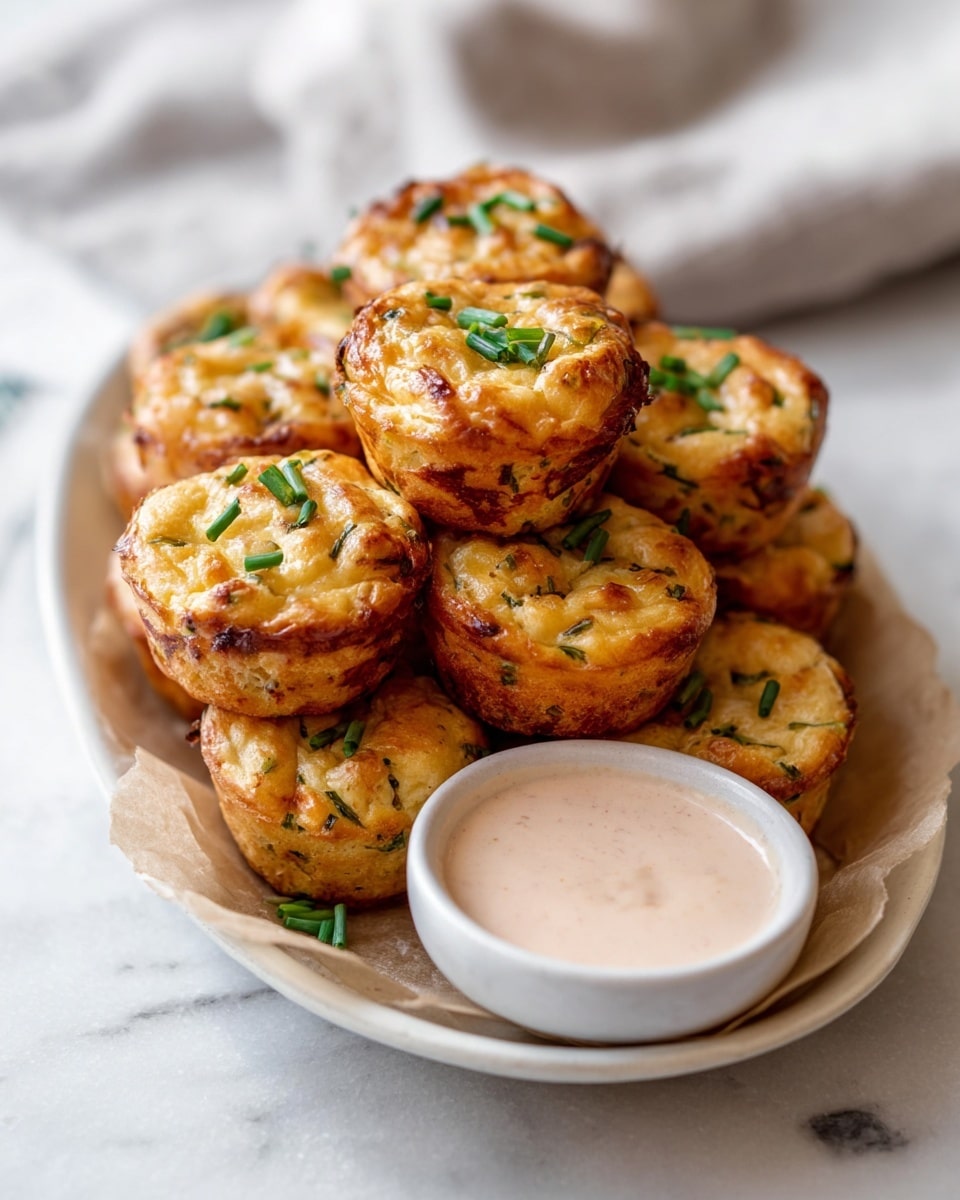 The image shows about twelve small savory muffins arranged neatly on a large white plate with a white marbled surface underneath. Each muffin has one thick layer, baked into a golden brown crust with a slightly uneven top that is creamy beige mixed with bits of green herbs and light orange spots of melted cheese. The muffins have a rough, textured edge with some darker caramelized areas. The plate is placed on a table covered partially with red and green cloths visible at the lower edges, adding a cozy, festive feel. photo taken with an iphone --ar 4:5 --v 7