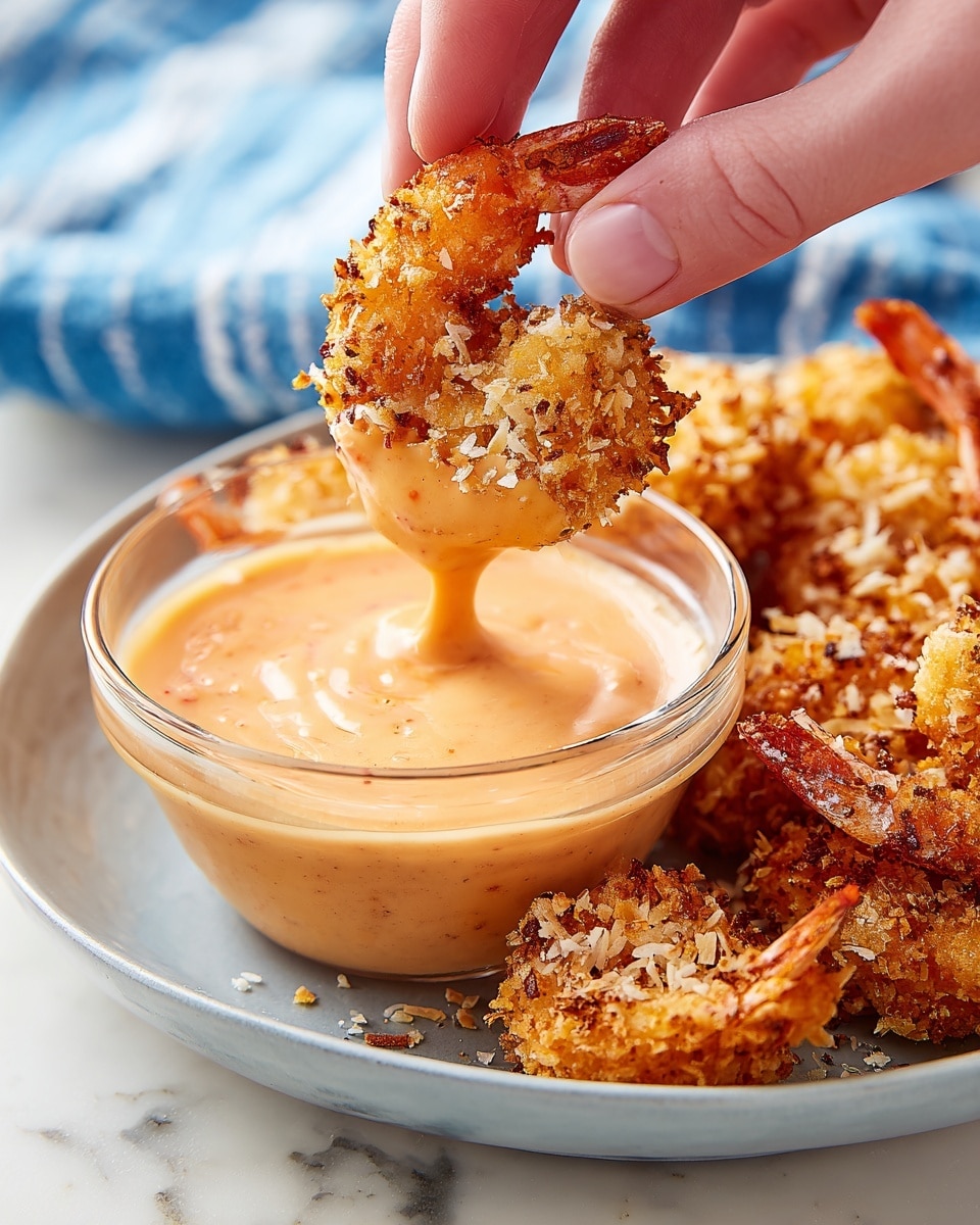 A woman's hand is holding a crispy, golden-brown breaded shrimp that is partly dipped in a bowl of creamy orange dipping sauce. The shrimp's breading looks crunchy with small toasted flakes. The clear glass bowl filled with smooth, thick sauce sits on a white plate, which also holds more pieces of breaded shrimp stacked behind the bowl. The background features a white marbled surface and a soft blue cloth. photo taken with an iphone --ar 4:5 --v 7