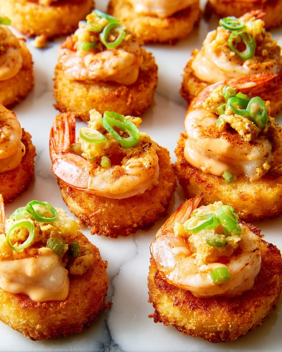 The dish shows three pieces of crispy golden brown fried base, each topped with a layer of cooked shrimp that is pink with light seasoning. On top of the shrimp, there is a creamy beige sauce drizzled unevenly, with small pieces of green spring onions scattered over the sauce and shrimp. Around the base and on the white plate, some small golden-brown cooked bits add extra texture. The plate sits on a white marbled surface photo taken with an iphone --ar 4:5 --v 7