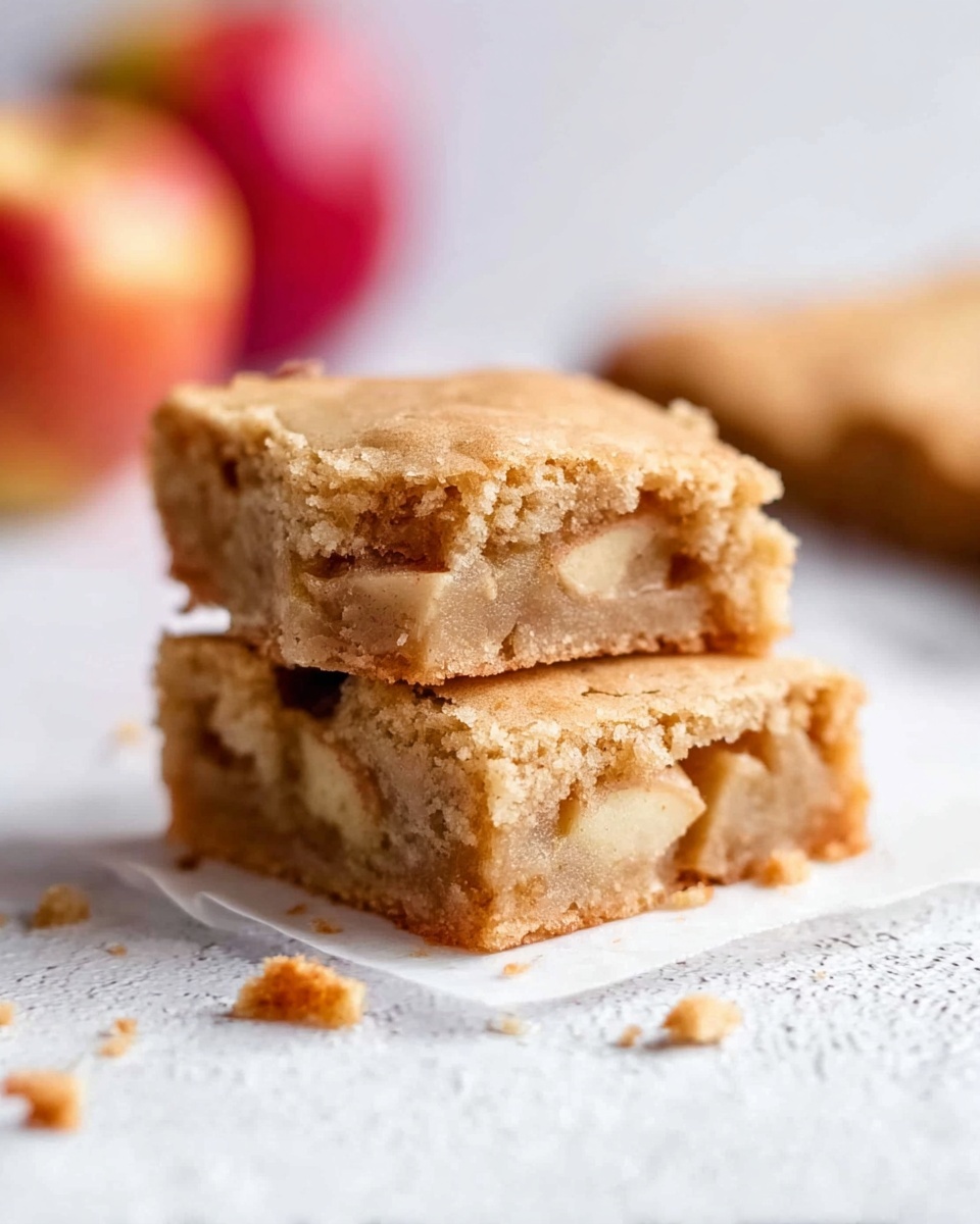 Two square pieces of light brown dessert bars are stacked on a white marbled surface, showing a soft, slightly crumbly texture with small chunks inside. The top layer has a subtle cracked pattern, and crumbs are scattered around the stack. The background is softly blurred with warm tones, suggesting a cozy setting. Photo taken with an iphone --ar 4:5 --v 7