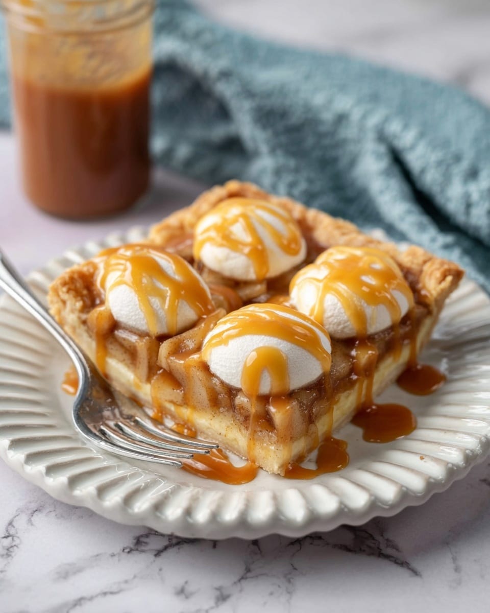The image shows a rectangular apple pie with a golden-brown crust around the edges. Inside, there are several layers starting with a chunky, caramel-colored apple filling at the bottom, topped by evenly spaced round pastry pieces with a light beige color and slightly rough texture. Each round pastry piece has a drizzle of golden caramel sauce on top, creating thin lines across them. One piece from the corner is missing, and a black pie server is placed in the empty space. The pie is on a white marbled surface, with part of a green apple and a folded green cloth visible at the top left. Photo taken with an iphone --ar 4:5 --v 7