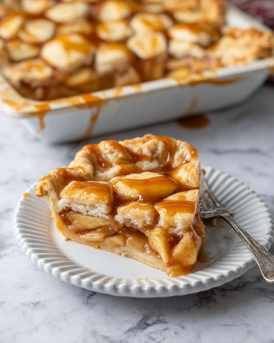A slice of pie sits on a white plate with scalloped edges, showing three layers: a thick, light golden brown crust at the bottom, a juicy caramel-colored apple filling in the middle, and four round, light golden biscuit-like pieces on top with a lattice pattern. The top layer is drizzled with a shiny golden caramel sauce. A silver fork rests on the left side of the plate. In the background, the remaining pie is visible on a black pan over a white marbled surface. photo taken with an iphone --ar 4:5 --v 7