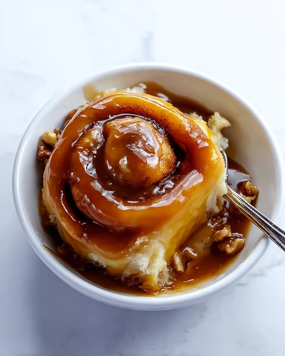 The image shows a single cinnamon roll sitting on a white plate, covered with a thick, shiny caramel sauce that is pooling around the base. The cinnamon roll is golden-brown with a soft, fluffy texture visible under the caramel. The sauce has a smooth, glossy surface that reflects light, making the whole dessert look rich and inviting. On the plate next to the roll, there is a silver fork touching the side of the roll. The background is a white marbled surface that adds a clean, elegant look to the composition. photo taken with an iphone --ar 4:5 --v 7