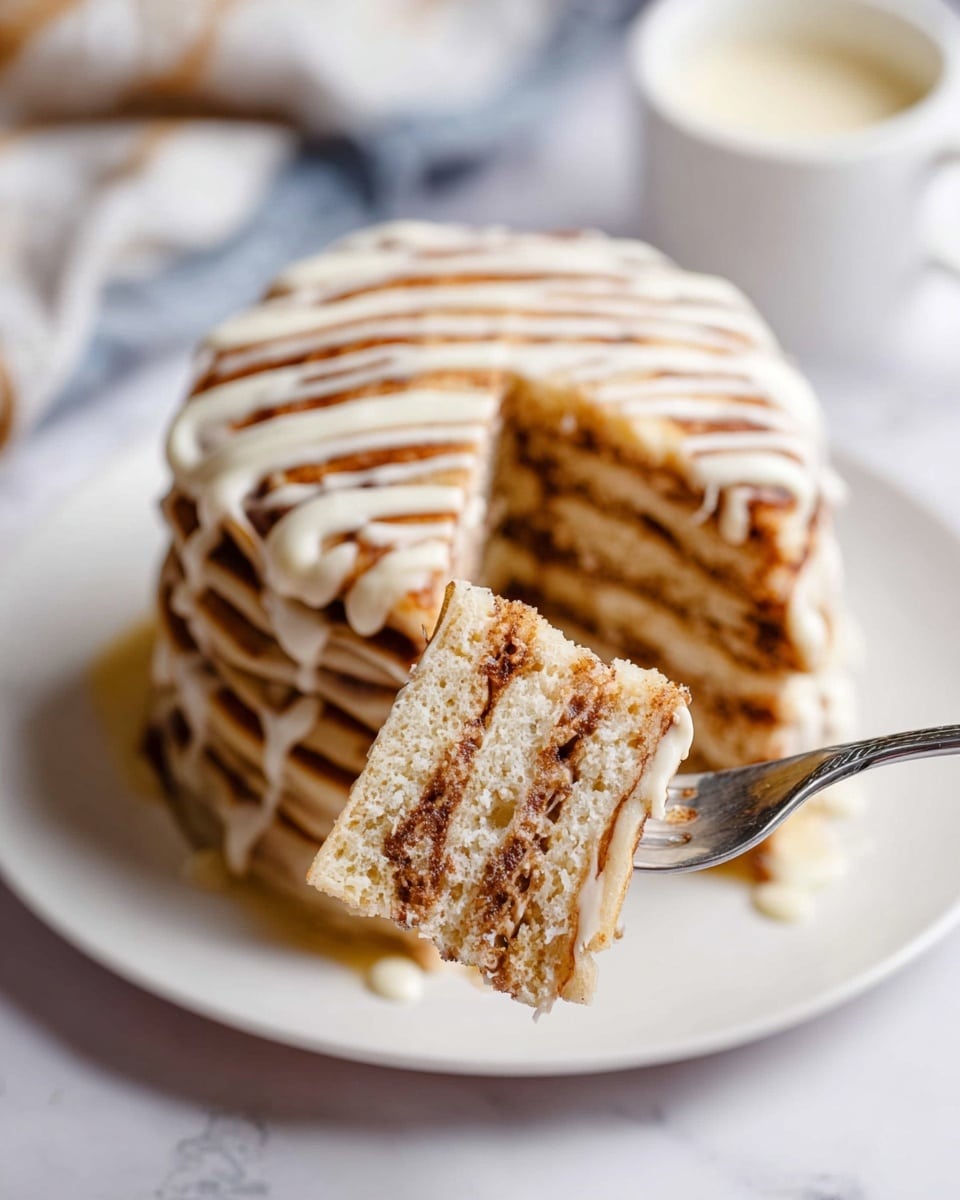 A stack of six light golden pancakes is on a white plate with a slice missing. Each pancake layer alternates with a cinnamon brown swirled filling, showing a soft and fluffy texture inside. White icing is drizzled in stripes over the top pancake and around its edges. In the foreground, a silver fork held by a woman's hand lifts a bite of pancake showing close details of the layers. The plate sits on a white marbled surface, and a small white container with cream is blurred in the background. Photo taken with an iphone --ar 4:5 --v 7