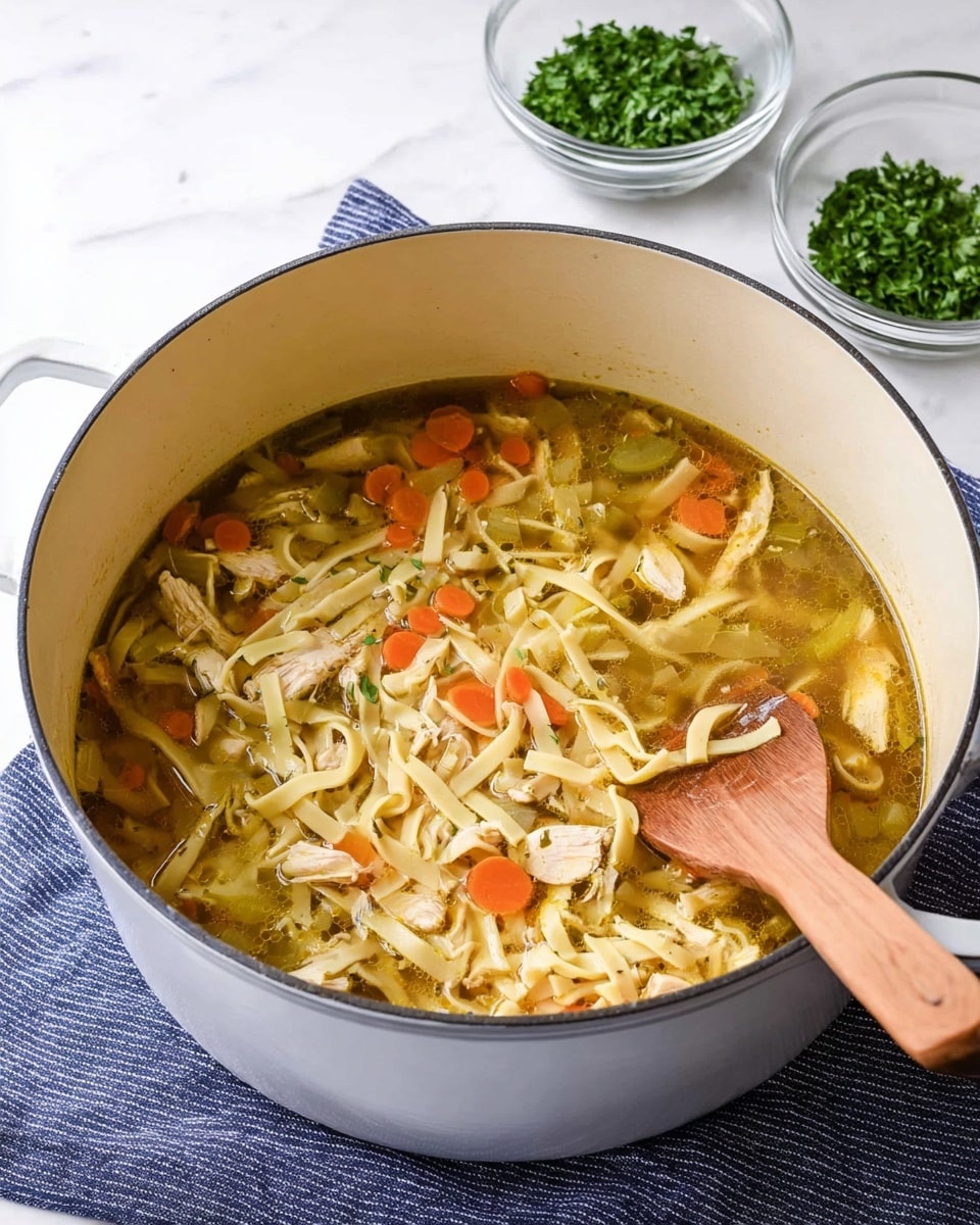 A large white pot filled with chicken noodle soup showing three main layers: a yellow broth base with visible small bits of green herbs and tiny orange carrot pieces, a middle layer of thin flat pale noodles floating evenly throughout, and a top layer with chunks of white chicken and scattered green herbs. A wooden spoon with a smooth handle is partially submerged in the soup, the spoon's handle rests sticking out from the pot to the left. The pot sits on a white marbled surface with a torn piece of brown bread and some green leafy parsley in the back, and three stacked white bowls blurred in the background. photo taken with an iphone --ar 4:5 --v 7