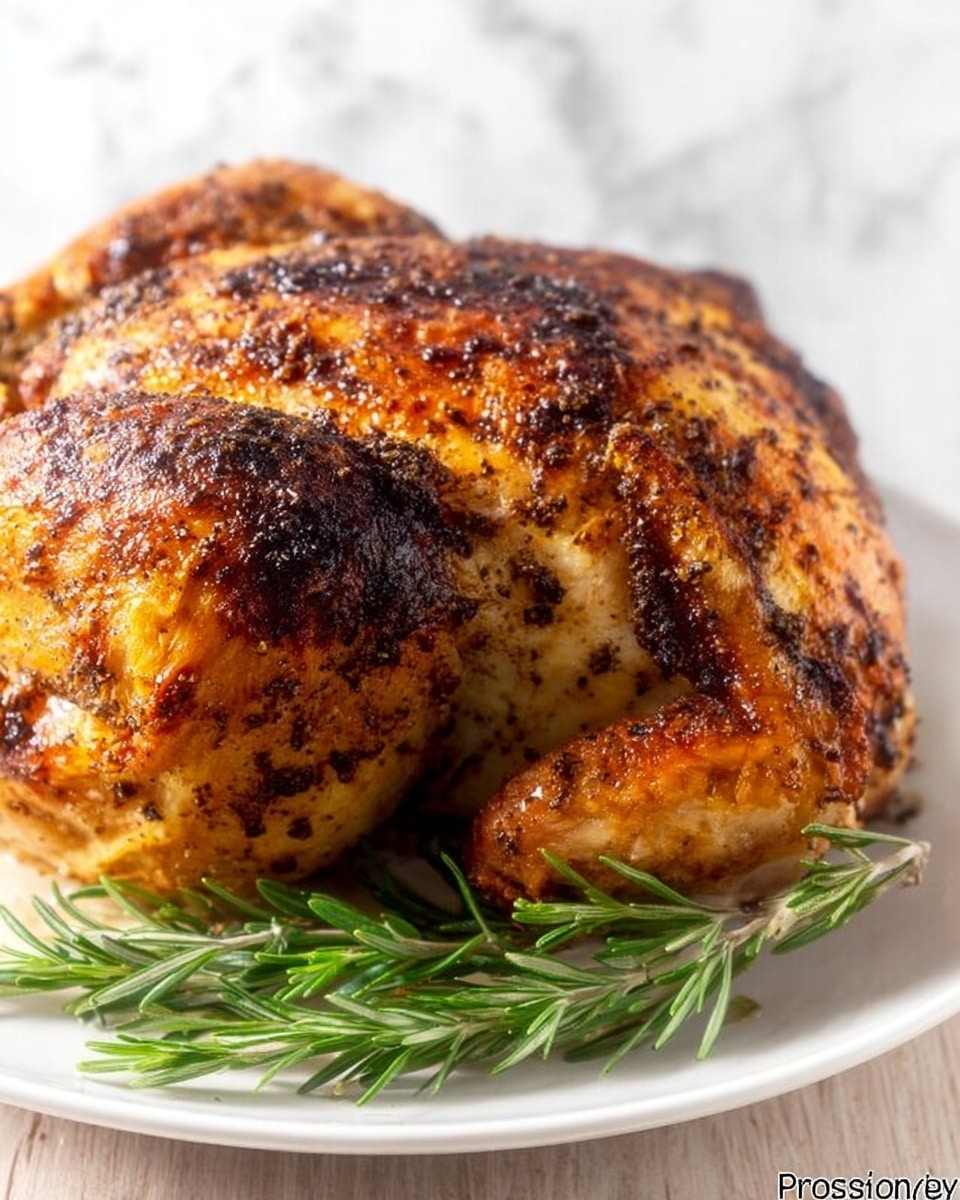 A white plate holds two main parts: on the left, there are six slices of roasted chicken with golden brown crispy skin and some green herb bits on top, arranged in a slightly curved line; on the right, a neat mound of reddish-brown rice sits close to the chicken, with visible grains and a textured surface. The plate is placed on a white marbled surface, giving a clean and bright background. There is a blurred second plate in the background with similar food on the same white marbled surface. photo taken with an iphone --ar 4:5 --v 7