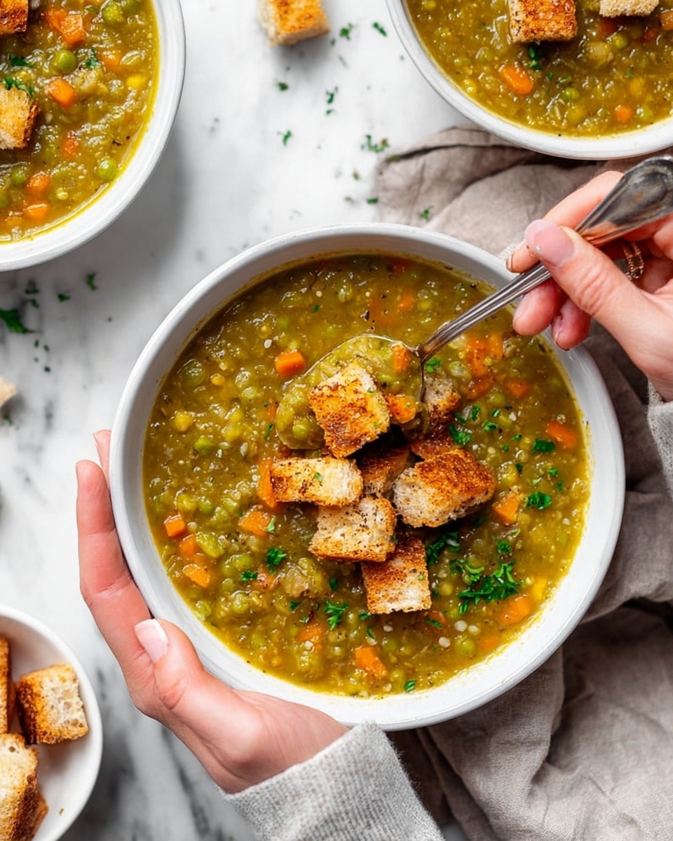 The image shows a bowl of thick green pea soup filled with small green peas, diced orange carrots, and bits of white barley in a white bowl. On top, there are five crispy golden-brown croutons sprinkled with fresh green herbs. A woman's hand holds the bowl from the bottom while the other woman's hand holds a spoon stirring the soup. Around the main bowl, there are partial views of two more bowls filled with the same soup, and one small white bowl filled with croutons. The background is a white marbled surface with a light, slightly crumpled white cloth placed near the top right corner. photo taken with an iphone --ar 4:5 --v 7
