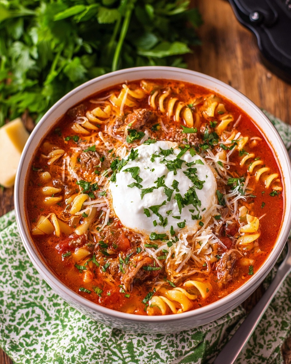 A white bowl filled with three main layers: on the bottom, a rich red tomato sauce mixed with cooked ground meat and broken curly-edged pasta pieces; the middle layer shows melted white shredded cheese spread evenly; on top in the center, a small dollop of creamy white ricotta cheese sprinkled with tiny green herb pieces; the bowl is set on a wooden table surrounded by fresh green parsley on the right and a green patterned cloth to the left, with a black spoon close by; photo taken with an iphone --ar 4:5 --v 7