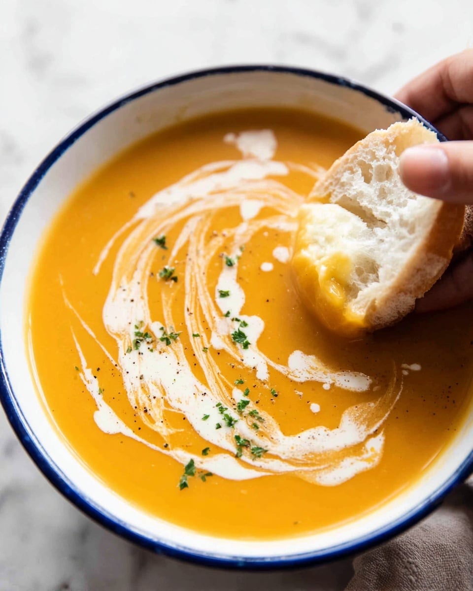 A close-up of a white bowl filled with smooth orange soup showing a swirl of white cream and small green herb pieces sprinkled on top, with a woman's hand dipping a piece of white bread into the soup, the bread partially submerged and soaked with the soup's color. The bowl is placed on a light fabric with a white marbled surface in the background. Photo taken with an iphone --ar 4:5 --v 7