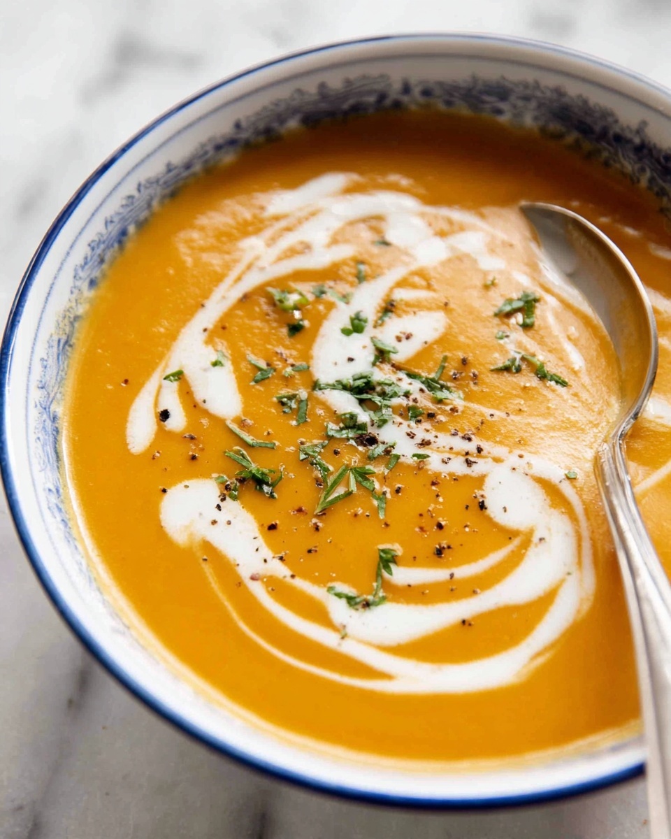 A close-up of a smooth orange soup in a white bowl with a thin blue rim. The soup has a creamy swirl of white cream on top, spread in loose curves across the surface. Small green herb flakes are sprinkled over the cream, adding texture. A silver spoon rests inside the bowl at the back, partially submerged in the soup. The bowl sits on a white marbled surface, with soft, natural lighting highlighting the creamy texture of the soup and the shiny spoon. Photo taken with an iphone --ar 4:5 --v 7