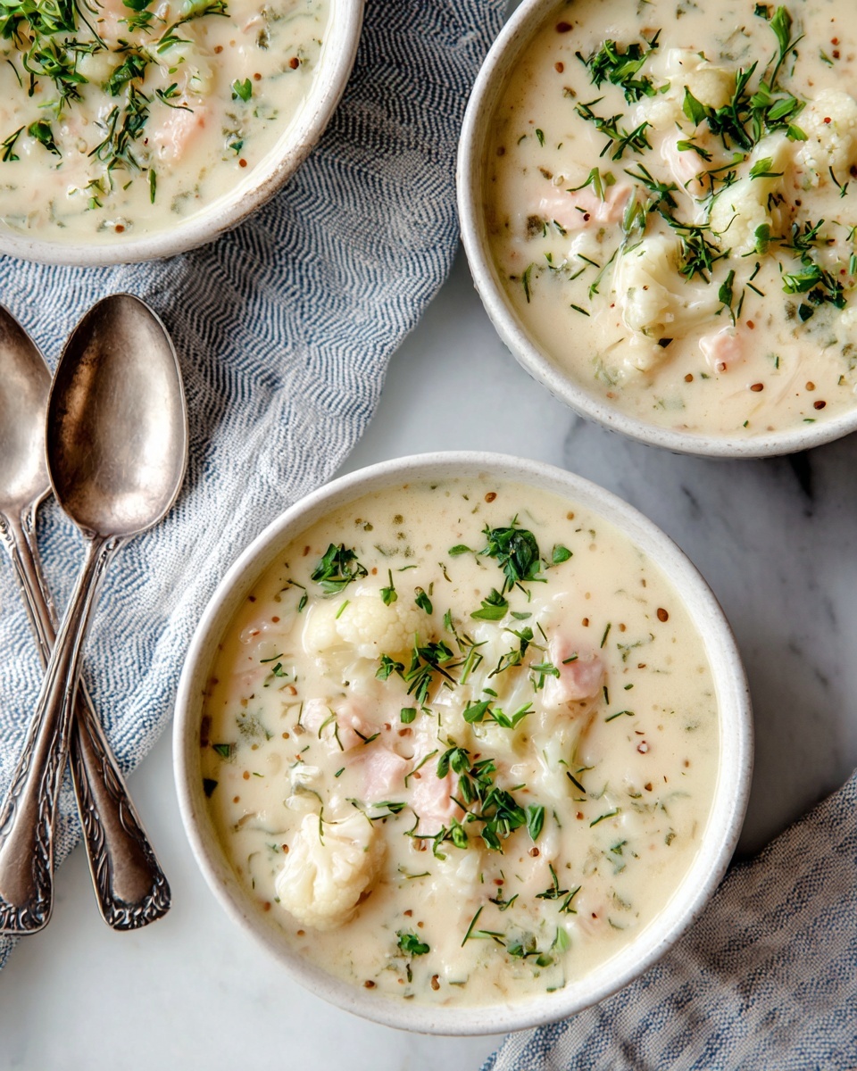 Two bowls filled with creamy soup are placed on a white marbled surface. Each bowl contains a thick, light beige soup with visible chunks of soft white potatoes and pinkish pieces of sausage, sprinkled with small green parsley leaves and some tiny brown seeds. The bowls themselves are white with a subtle texture. Next to the bowls, there are two silver spoons resting on the surface, and a folded white cloth with blue stripes is placed nearby. The scene is softly lit, highlighting the fresh details of the soup. photo taken with an iphone --ar 4:5 --v 7