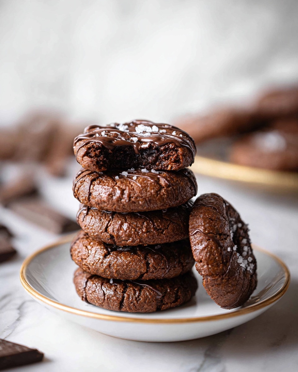 A stack of five round chocolate cookies sits on a white plate with a thin gold rim, placed on a white marbled surface. The cookies are dark brown with a cracked texture on top, showing slightly melted chocolate drizzled over them and a light sprinkle of sea salt. The top cookie is broken in half, revealing a soft, rich chocolate center inside. In the background, blurred chocolate pieces and more cookies are visible. The overall scene is bright and clean. photo taken with an iphone --ar 4:5 --v 7
