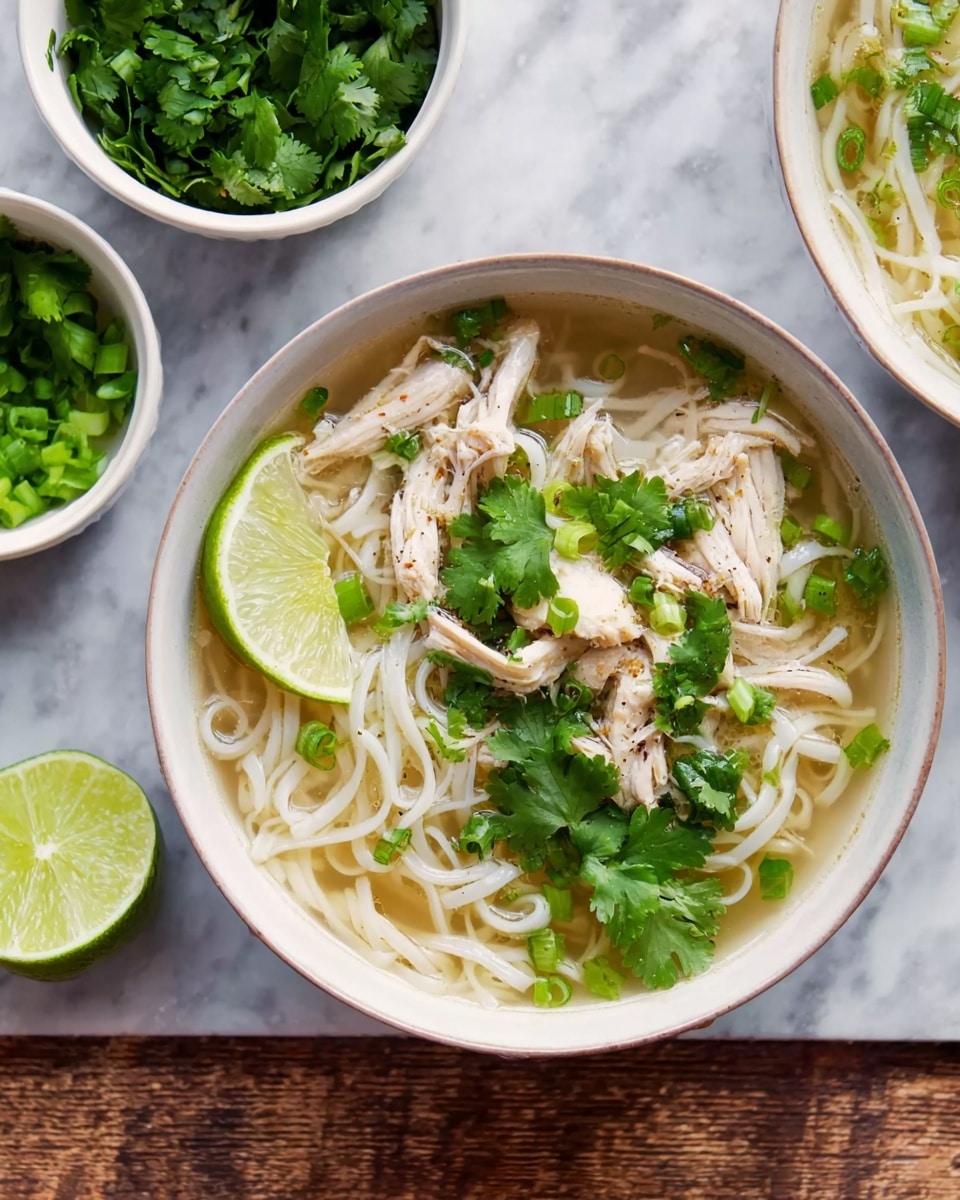 A white bowl filled with clear broth noodles sits on a white marbled surface, topped with white shredded chicken pieces. On top, bright green chopped scallions and fresh cilantro leaves add color and texture, along with a sprinkle of red chili flakes. Two slices of green lime rest on the edge of the bowl, ready to be squeezed in. Around the bowl, small white bowls hold fresh green herbs and chopped scallions. Another similar bowl with noodles and chicken is partially visible near the top right corner. Photo taken with an iphone --ar 4:5 --v 7