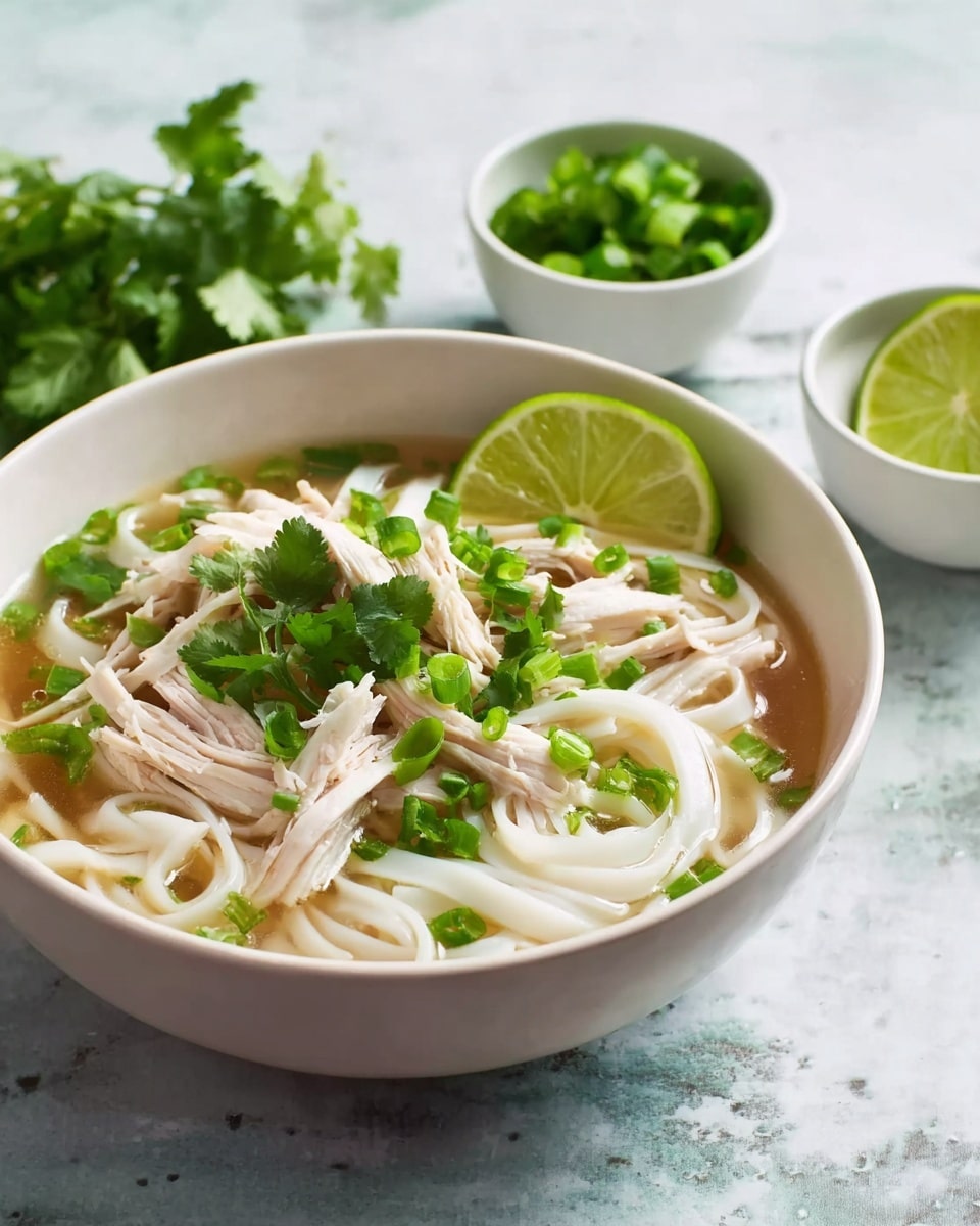 A white bowl filled with clear soup containing noodles layered at the bottom in thick white strands, topped with shredded white chicken pieces, bright green chopped scallions, and fresh green cilantro leaves. A wedge of lime rests on the side inside the bowl, adding a pop of light green. The bowl is placed on a white marbled surface with another similar bowl and small bowls of green herbs blurred in the background. Photo taken with an iphone --ar 4:5 --v 7