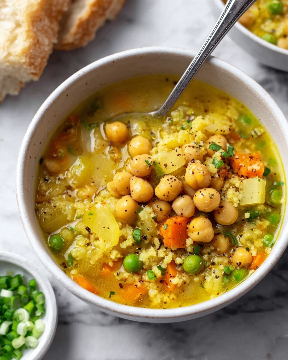 A white bowl filled with a thick soup showing three main layers: a base layer of light yellow-green broth with tiny herbs, a middle layer with orange carrot slices, green peas, and translucent celery pieces, and a top layer of whole beige chickpeas sprinkled with black pepper and chopped green onions. A spoon is partly visible inside the bowl, and in the background, a white marbled surface holds a sliced baguette and a small white bowl with more chopped green onions. Photo taken with an iphone --ar 4:5 --v 7