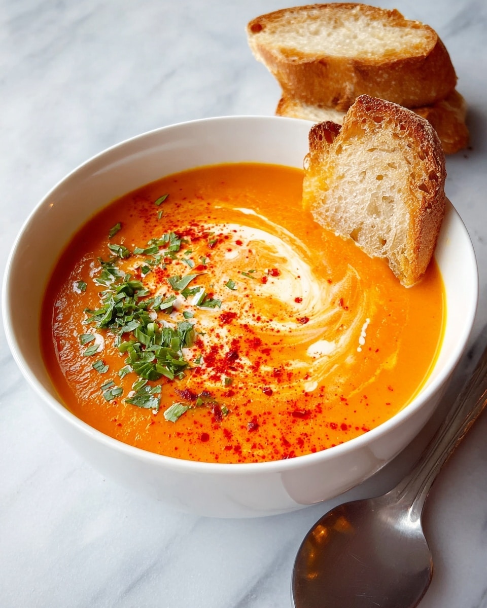 A white bowl filled with smooth orange soup, topped with a swirl of white cream that curves across the surface. On one side, there is a sprinkle of finely chopped green herbs, and on the other side, a dusting of red spice adds color contrast. A piece of golden brown bread is placed on the edge of the bowl, and two more pieces of bread are stacked behind the bowl on a white marbled surface. A silver spoon lies next to the bowl. photo taken with an iphone --ar 4:5 --v 7
