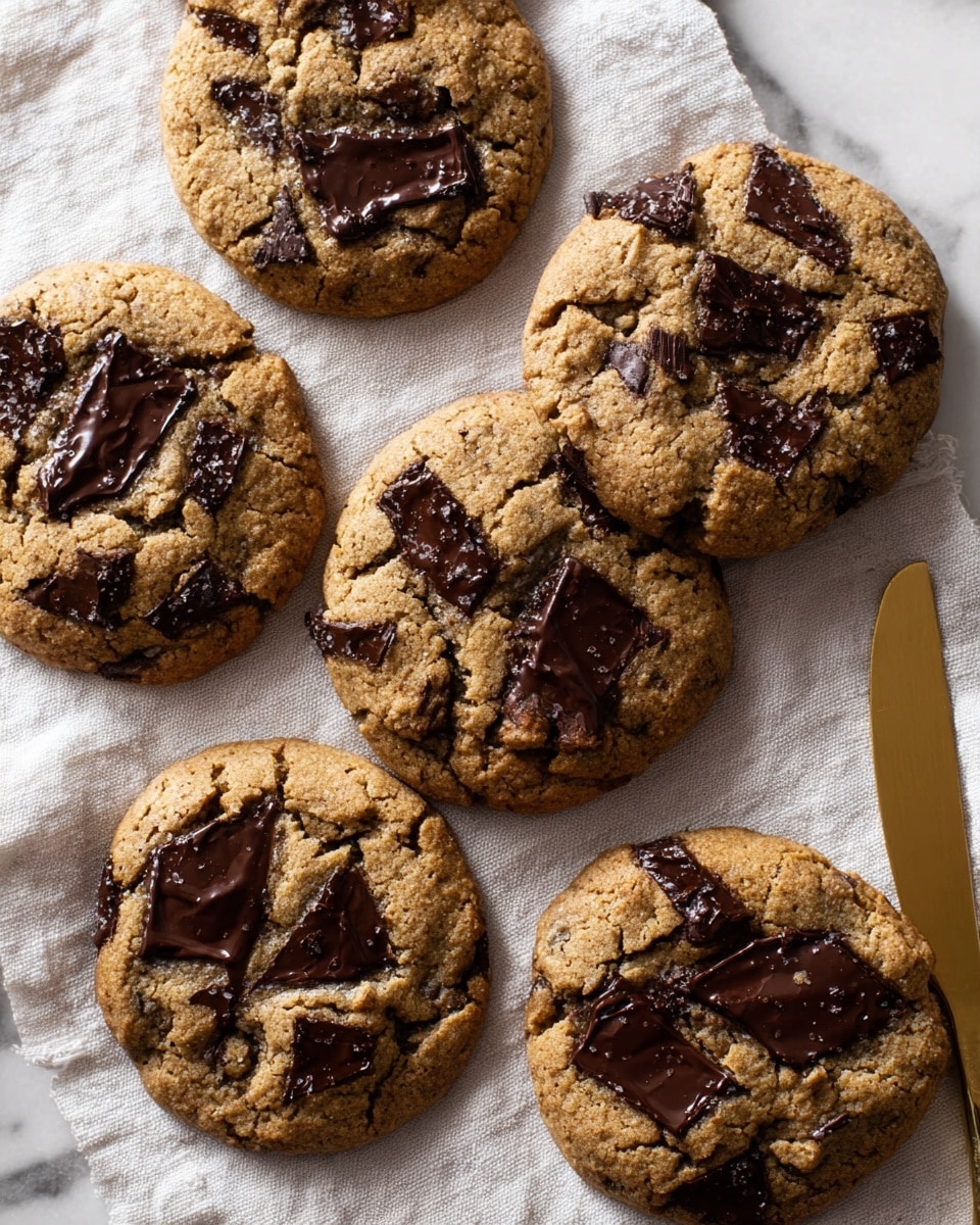 The image shows six round cookies scattered on a white cloth, each cookie with a rough brown surface and large dark brown melted chocolate chunks unevenly spread on top. The cookies have a soft, slightly cracked texture with the chocolate chunks contrasting sharply against the lighter brown dough. To the right of the cookies, there is a shiny gold knife lying on the cloth. The scene is set on a white marbled textured surface, creating a clean and bright background. Photo taken with an iphone --ar 4:5 --v 7