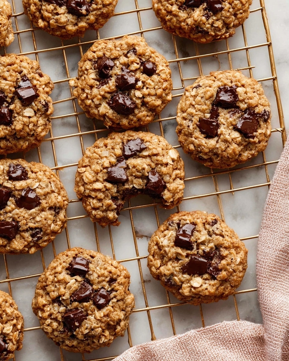 Several round cookies with a golden brown color and a rough, chewy texture are arranged on a gold cooling rack placed over a white marbled surface. Each cookie has visible dark chocolate chips scattered on top, with a light sprinkling of coarse salt adding contrast. One cookie near the center has a bite taken out of it, revealing a soft interior with embedded chocolate chips. A folded pink and beige cloth is partially visible on the bottom right corner. photo taken with an iphone --ar 4:5 --v 7