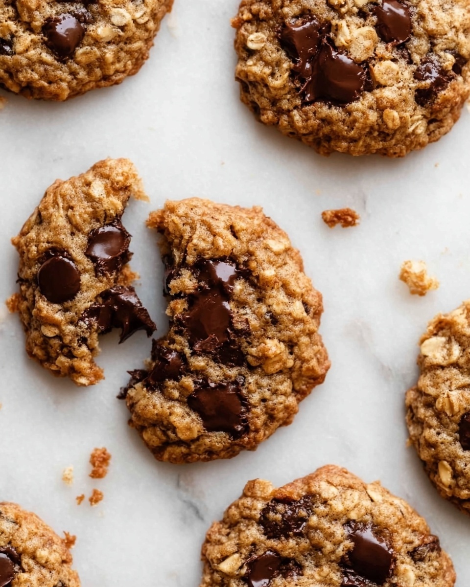 The image shows several round oatmeal chocolate chip cookies on a white marbled surface. Each cookie has a rough, uneven texture with visible oats and many dark chocolate chips scattered on top. One cookie in the center is broken in the middle, showing melted chocolate inside. The cookies have a golden-brown color with darker bits from the chocolate and oats. Small cookie crumbs are scattered around the cookies. photo taken with an iphone --ar 4:5 --v 7