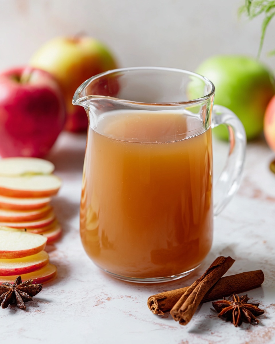 A clear glass cup filled with warm amber-colored apple cider sits on a white marbled surface, showing smooth liquid inside. Around the cup, to the left, are slices of red-skinned apple neatly stacked, and behind them, a green apple and a red apple stand out with natural textures. To the right front of the cup, two cinnamon sticks lie diagonally, while a star anise is placed nearby on the right, adding a dark spiky detail. The background is blurred but keeps the soft whites and subtle greens, giving the whole setup a fresh and cozy look. Photo taken with an iphone --ar 4:5 --v 7
