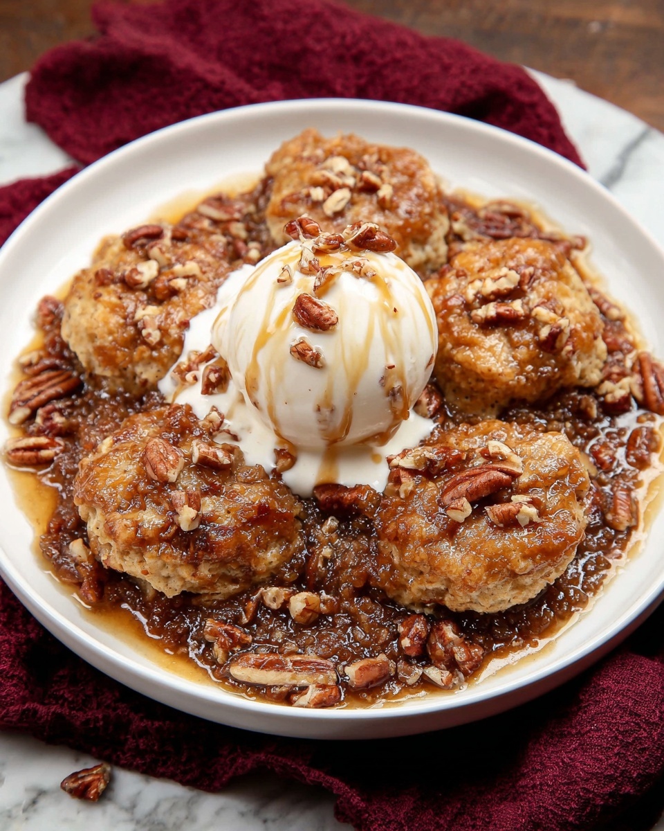 A white plate holds a warm dessert with three golden brown biscuit-like pieces resting on a base of rich, sticky, dark brown nutty filling. On top of the biscuits is a large scoop of creamy white vanilla ice cream, drizzled with caramel sauce and sprinkled with chopped pecans. The plate sits on a dark red cloth over a wooden table, with a white marbled surface in the background. photo taken with an iphone --ar 4:5 --v 7