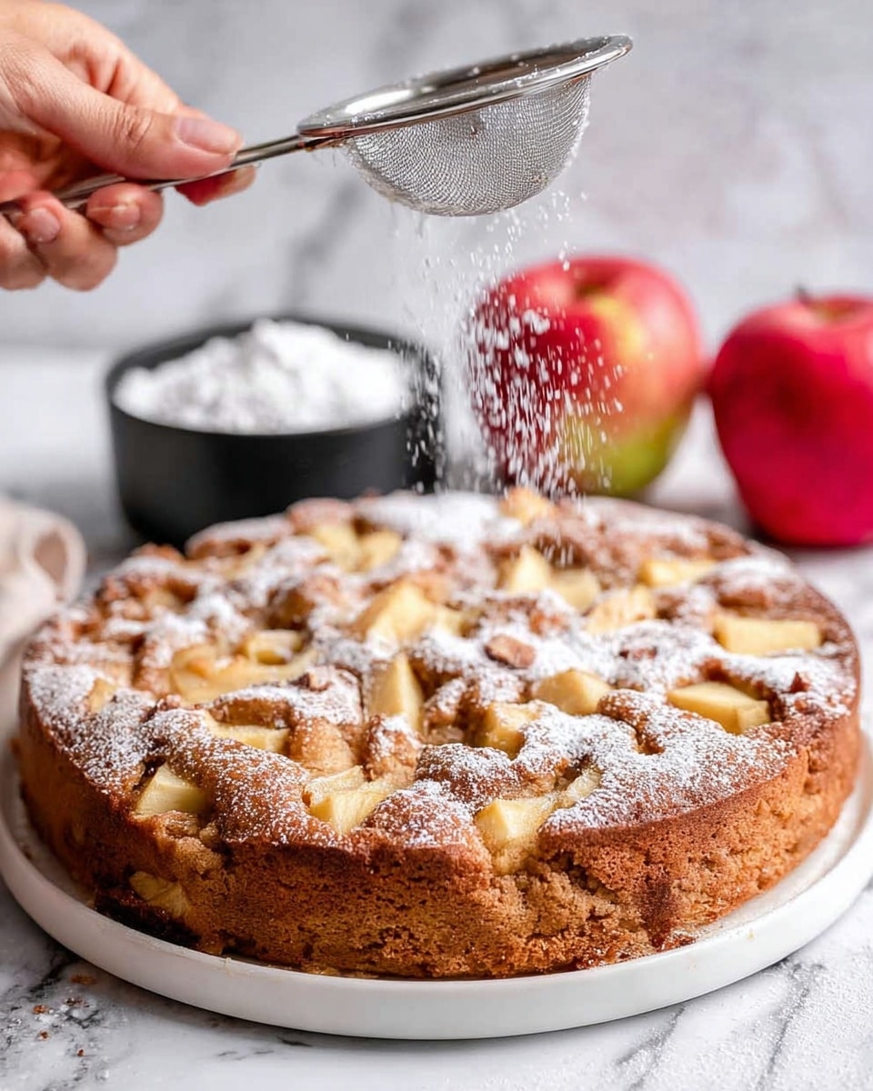 A brown cake with visible light yellow chunks of apples embedded mostly on the top layer is placed on a white marbled surface. A woman's hand holding a small sieve dusts white powdered sugar over the cake, creating a soft falling dust effect. In the background, there are two red apples and a small black bowl containing more powdered sugar. Photo taken with an iphone --ar 4:5 --v 7