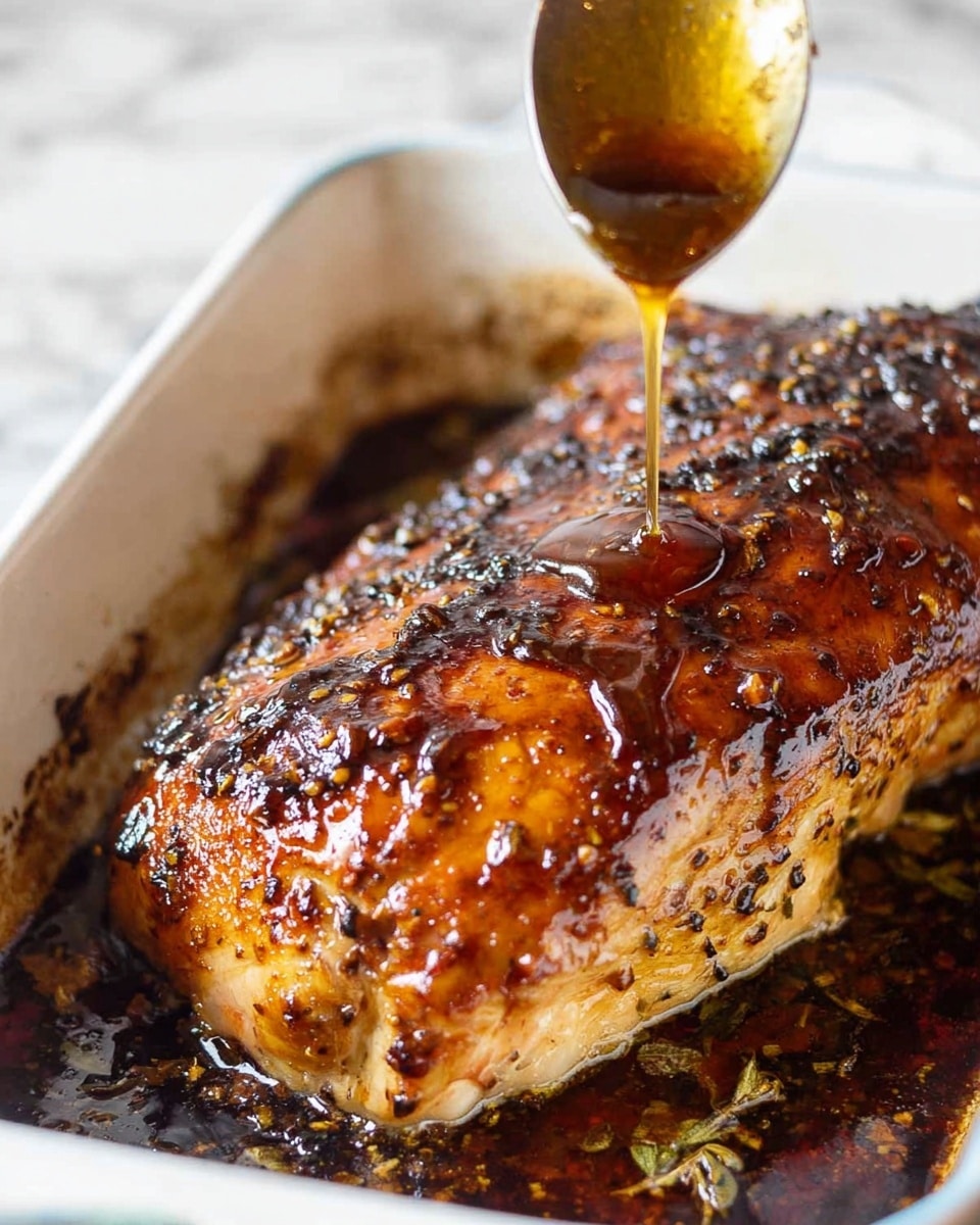 A close-up image showing a large, cooked chicken piece with a golden-brown and slightly crispy skin covered in shiny, sticky glaze, with visible black pepper and herbs on top. The chicken rests in a white roasting pan filled with dark brown sauce and a few roasted garlic cloves and herbs underneath, giving a rich contrast to the chicken. A spoon is held by a woman's hand above the chicken, dripping the sticky glaze over it, emphasizing the glossy texture. The background and surface are a white marbled texture, creating a clean and bright setting. photo taken with an iphone --ar 4:5 --v 7