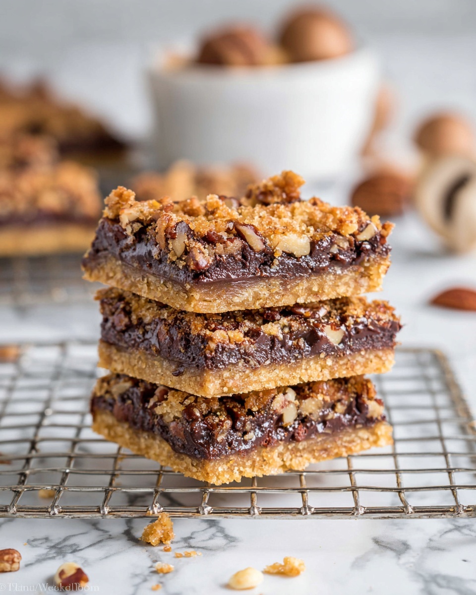 The image shows a stack of three square dessert bars on a metal wire rack over a white marbled surface. Each bar has three layers: the bottom layer is a light golden, crumbly crust; the middle layer is thick and dark with melted chocolate and chopped nuts mixed in; the top layer is a golden-brown, crunchy topping with visible pieces of nuts and a slightly cracked texture. The bars have irregular edges with some melted chocolate dripping slightly. In the blurred background, there is a white bowl filled with pecans and some scattered pecans on the white marbled surface. photo taken with an iphone --ar 4:5 --v 7