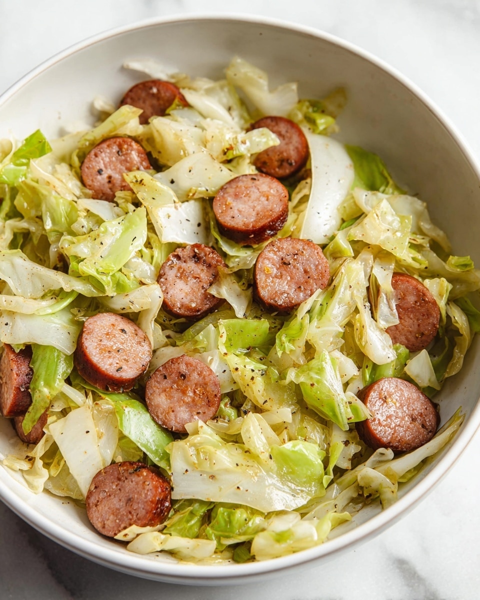 A white bowl filled with two main layers: the bottom layer is chopped cooked cabbage in light green and pale yellow colors with a soft, slightly wilted texture, mixed with small pieces of sautéed onion; on top are thick slices of browned sausage in reddish-brown color scattered evenly, adding a meaty texture. The dish is sprinkled lightly with black pepper. The bowl sits on a white marbled surface. Photo taken with an iphone --ar 4:5 --v 7