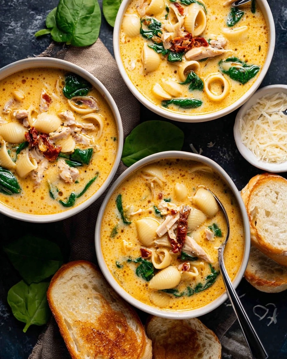 The image shows three round black bowls filled with creamy soup. The soup has a light yellowish color with traces of orange oil on the top. Inside the soup, there are small pasta shells, green spinach leaves, chunks of pale meat, and pieces of dark red sun-dried tomatoes evenly spread. One bowl has a silver spoon resting inside. Next to the bowls is a piece of toasted bread with a golden-brown crust and a soft inside. Fresh green spinach leaves are placed around the bowls and bread, set on a dark surface. At the bottom left corner, a small white bowl with grated cheese and a small silver spoon is visible. The whole setup is on a white marbled texture photo taken with an iphone --ar 4:5 --v 7