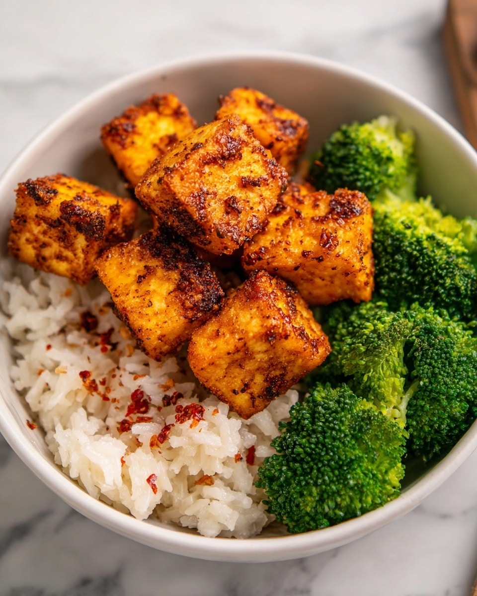A bowl with three layers: at the bottom, a layer of white rice with visible grains; on one side, bright green broccoli florets with a fresh texture; on top, several golden-brown fried tofu cubes with a crispy, seasoned surface showing small black and red spice bits. The bowl is light gray and sits on a white marbled surface. photo taken with an iphone --ar 4:5 --v 7