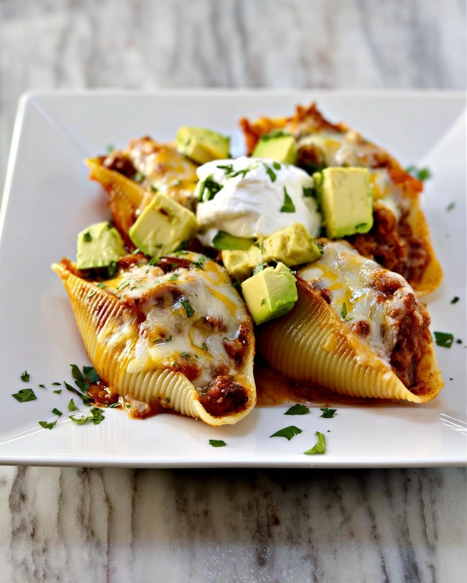 The dish shows four large pasta shells filled with a brownish meat sauce and covered with melted cheese, arranged close together in the center of a white square plate. On top of the shells, there are three chunks of light green avocado and a dollop of white sour cream. Small green herb pieces are sprinkled over the dish and some around the plate. The background has a white marbled texture. Photo taken with an iphone --ar 4:5 --v 7