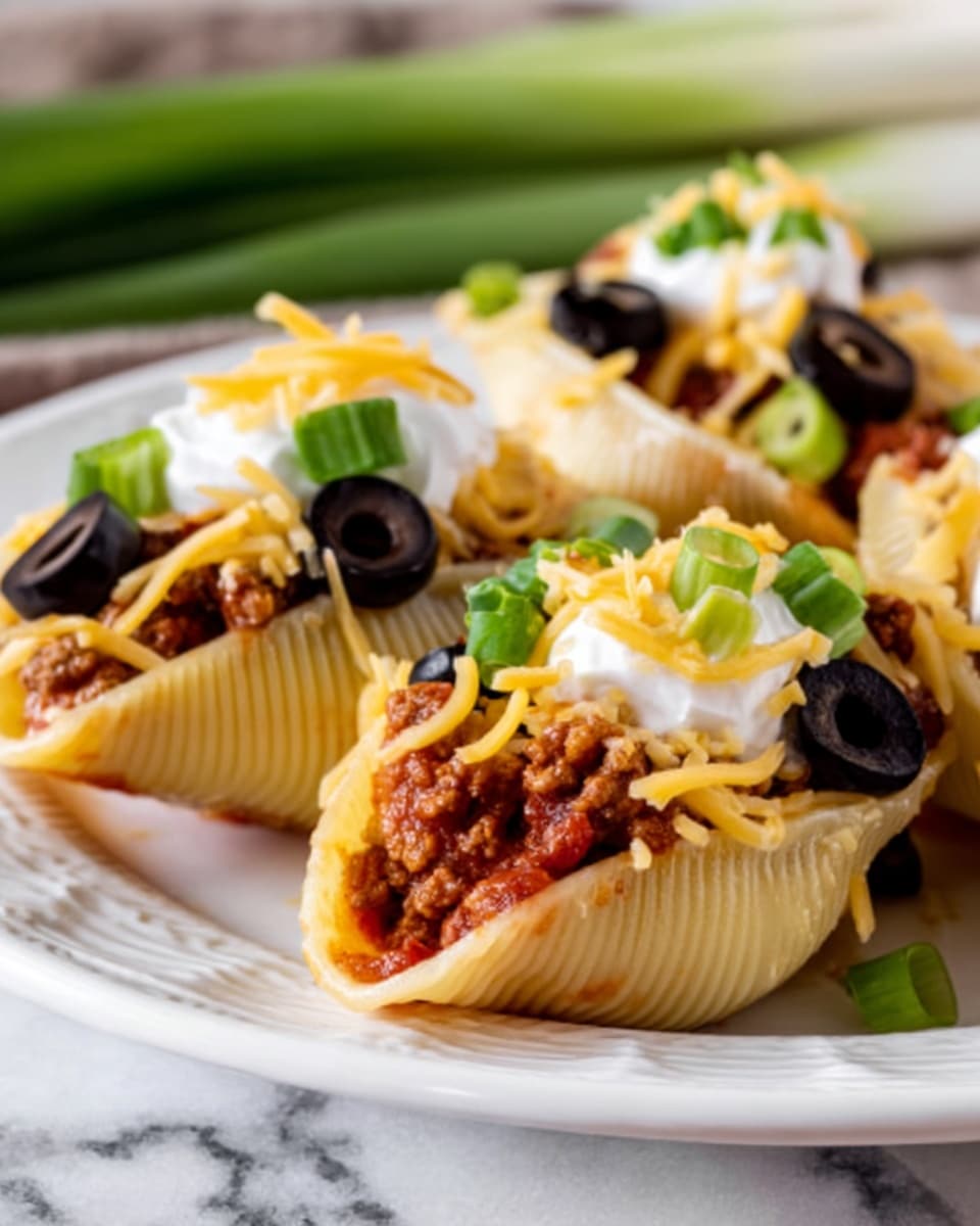 The image shows large pasta shells filled with ground meat and topped with a mix of shredded yellow and white cheese. On top, there are sliced black olives scattered, followed by a dollop of white sour cream in the center. Small green onion pieces are sprinkled over everything. The shells rest on a white plate with subtle raised patterns, placed on a white marbled surface. photo taken with an iphone --ar 4:5 --v 7