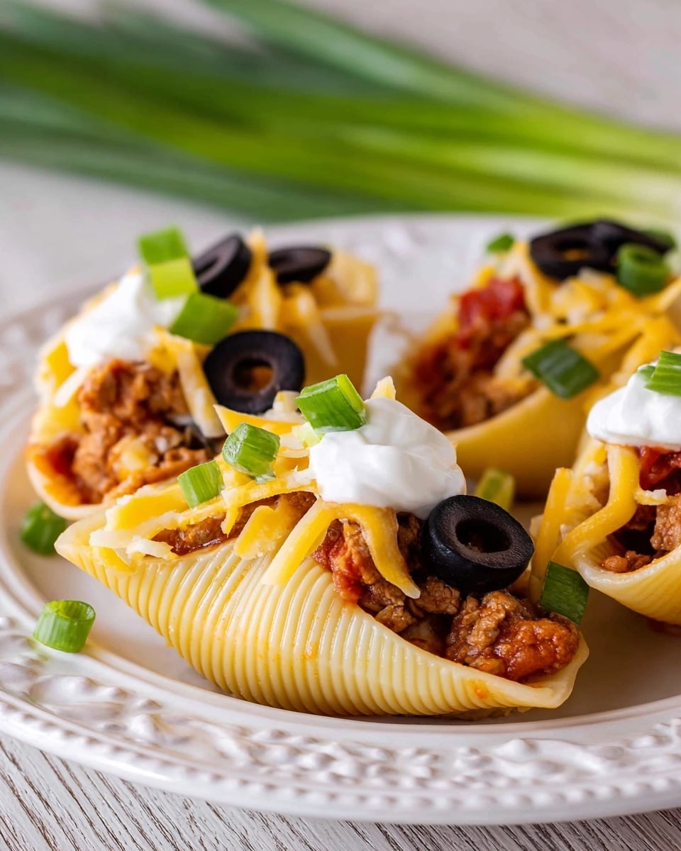Three stuffed pasta shells sit on a white plate with sauce spread underneath and on top of them. Each shell is filled with a mixture that looks like ground meat and is topped with melted cheese that has a light golden color. Small pieces of green onion are sprinkled over the shells and around the plate. The white plate rests on a white marbled surface. photo taken with an iphone --ar 4:5 --v 7