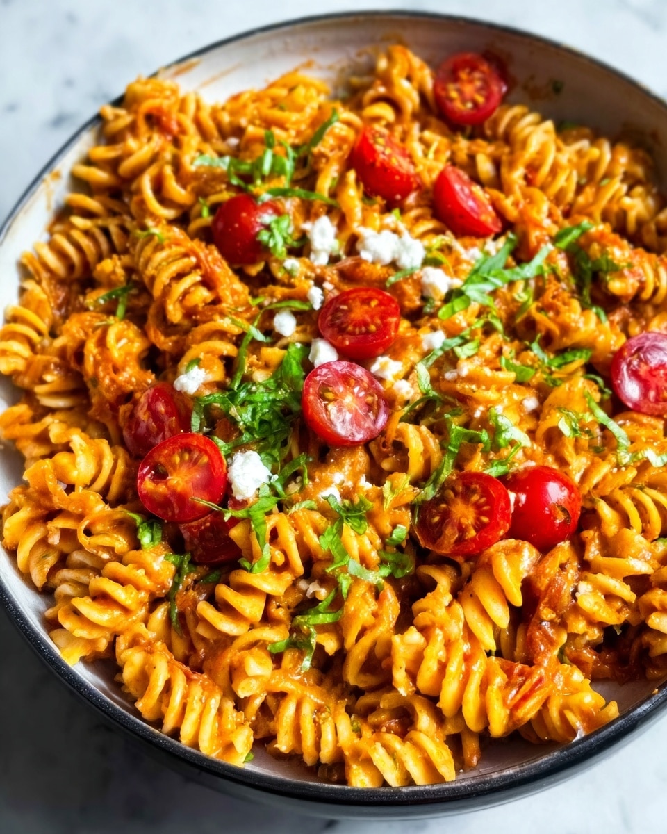 The image shows a close-up of a white bowl filled with cooked rotini pasta mixed with a creamy, orange-colored sauce. On top, there are many small cherry tomato halves that are bright red and fresh. Some green herbs, like cilantro or parsley, are scattered across the pasta, adding a touch of green color. The pasta looks soft and the sauce smooth, coating each spiral evenly. The background is a white marbled surface. photo taken with an iphone --ar 4:5 --v 7