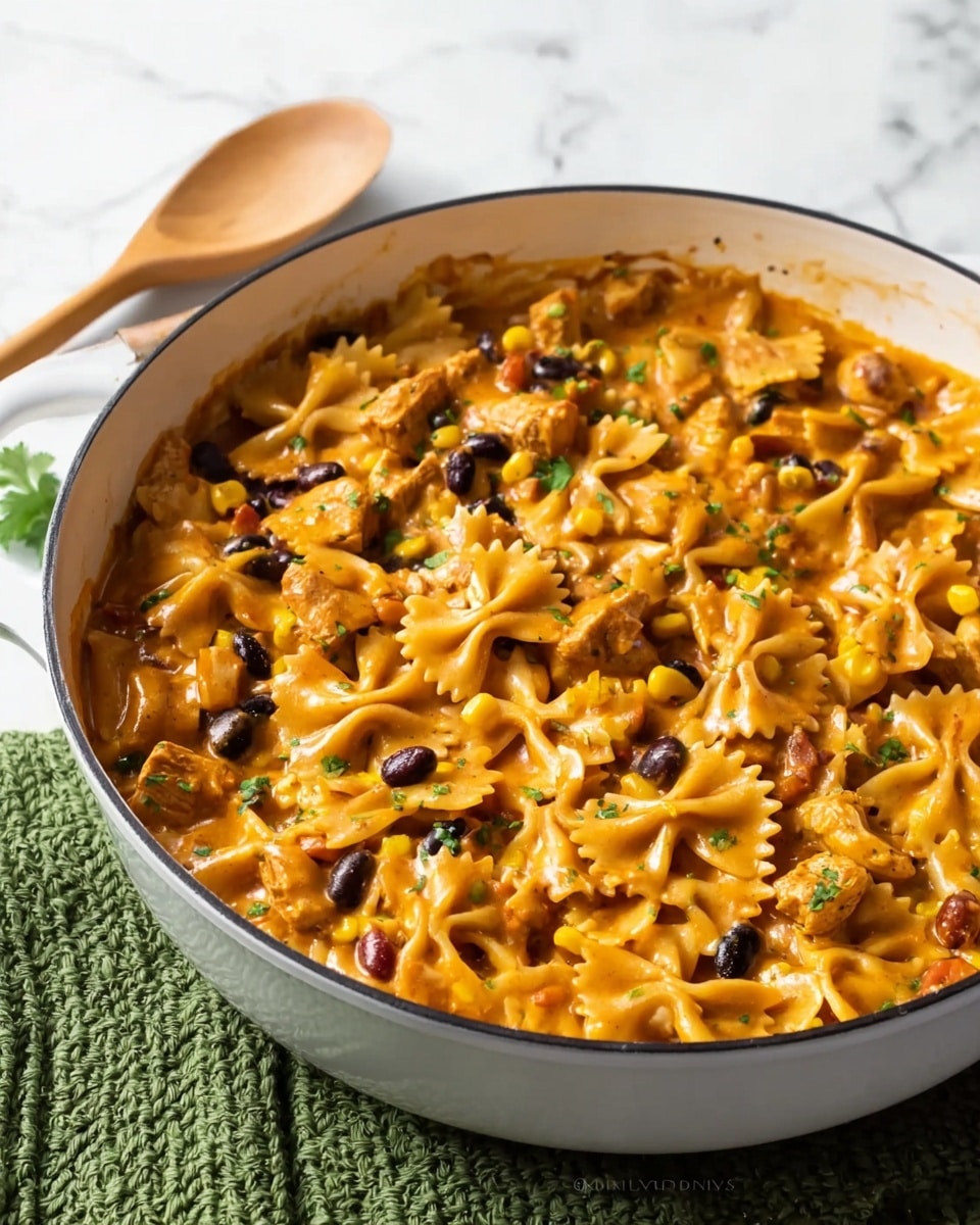A white pan holds a rich pasta dish with many layers. The base is made of yellow bow tie pasta mixed with smooth orange sauce. Scattered through the pasta are dark black beans and yellow corn kernels, adding different colors and textures. Small pieces of light-colored chicken are mixed throughout, covered in sauce. The pan sits on a green cloth, and the background is a white marbled surface with a white hexagonal tiled wall behind it. photo taken with an iphone --ar 4:5 --v 7