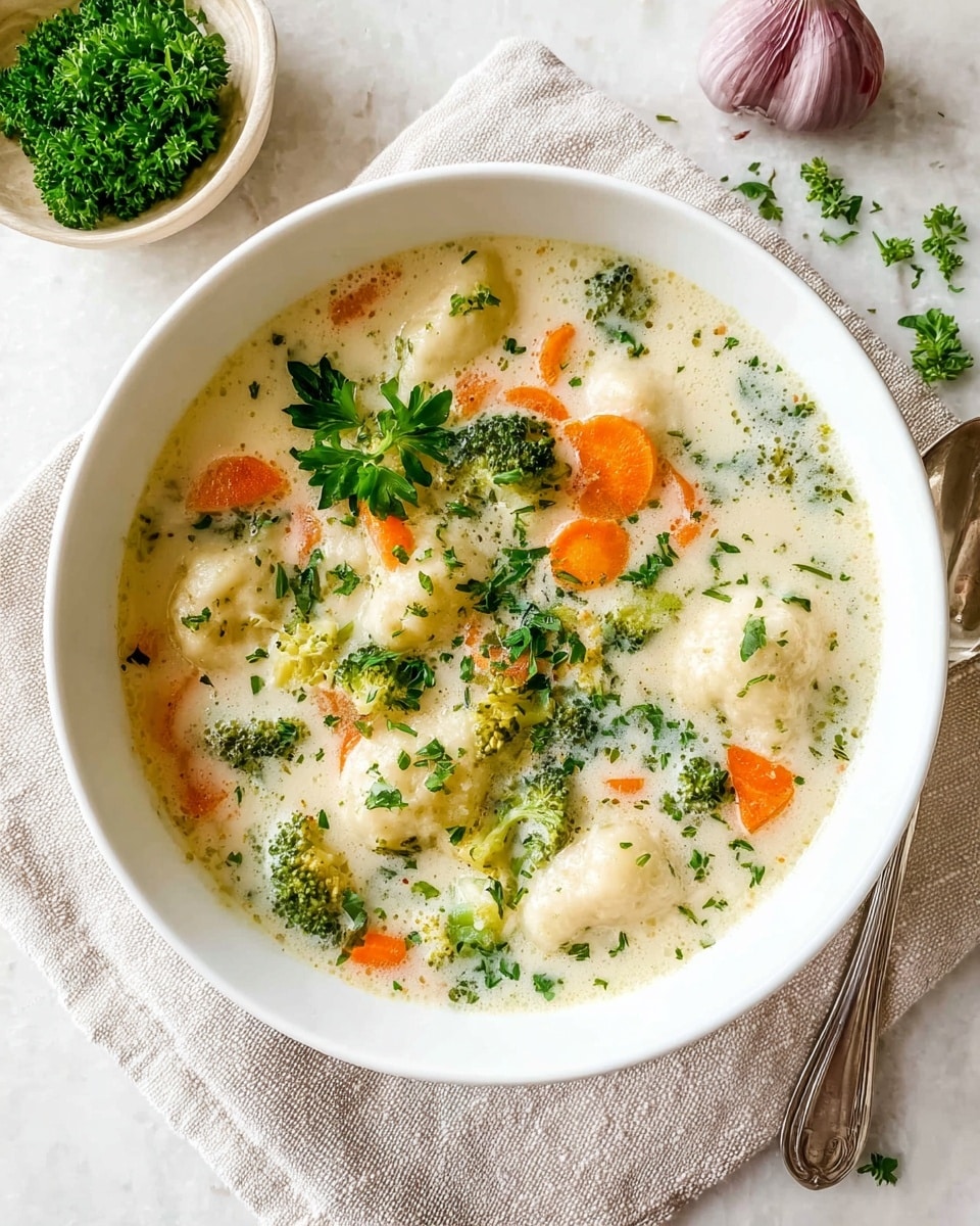 A white bowl filled with creamy soup containing three layers of ingredients: the bottom layer has small white potato gnocchi floating in a pale off-white creamy broth, the middle layer shows bright orange carrot slices and light green broccoli pieces, and the top layer is sprinkled with finely chopped dark green parsley and freshly cracked black pepper. The bowl is placed on a light beige cloth, with a silver spoon with ornate designs nearby. In the background, there is a white bowl with green parsley and a glass jar with yellow olive oil, all set on a white marbled surface. Photo taken with an iphone --ar 4:5 --v 7