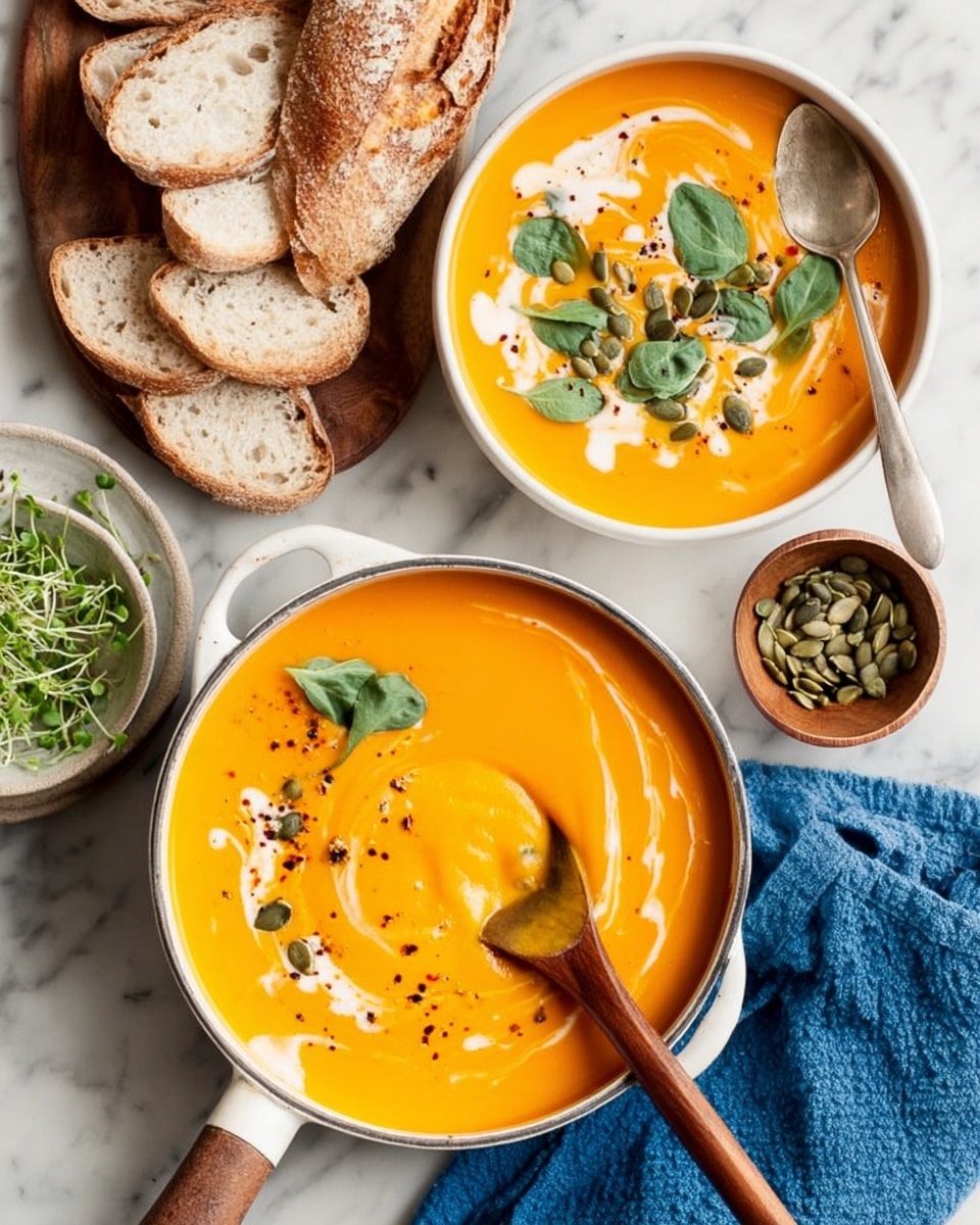 The image shows a thick, smooth orange soup served in a white pan and a white bowl, both placed on a white marbled surface. The soup in both container layers is bright orange with a swirl of white cream on top, sprinkled with black pepper. The bowl's soup is decorated with green pumpkin seeds and fresh cilantro leaves on top. A wooden spoon rests in the pan with soup, lifting some soup in a smooth scoop. Beside the soup, there are slices of crusty bread placed on the marble surface with a blue cloth nearby. Small bowls with pumpkin seeds and fresh green herbs are also arranged nearby. A silver spoon lies next to the bowl, and there is a silver knife with a dark handle above the bowl. photo taken with an iphone --ar 4:5 --v 7