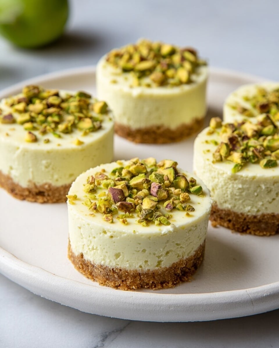 The image shows a small round dessert with two layers on a clear textured glass plate. The bottom layer is crumbly and light brown, forming the base. The top layer is creamy, pale green, smooth, and thick, sitting evenly on the base. The dessert is topped with chopped green pistachios scattered on top. A silver fork lies beside it on the plate. In the background, there is a white plate with several more of these desserts. The setting is on a white marbled surface with a soft white cloth visible. Photo taken with an iphone --ar 4:5 --v 7