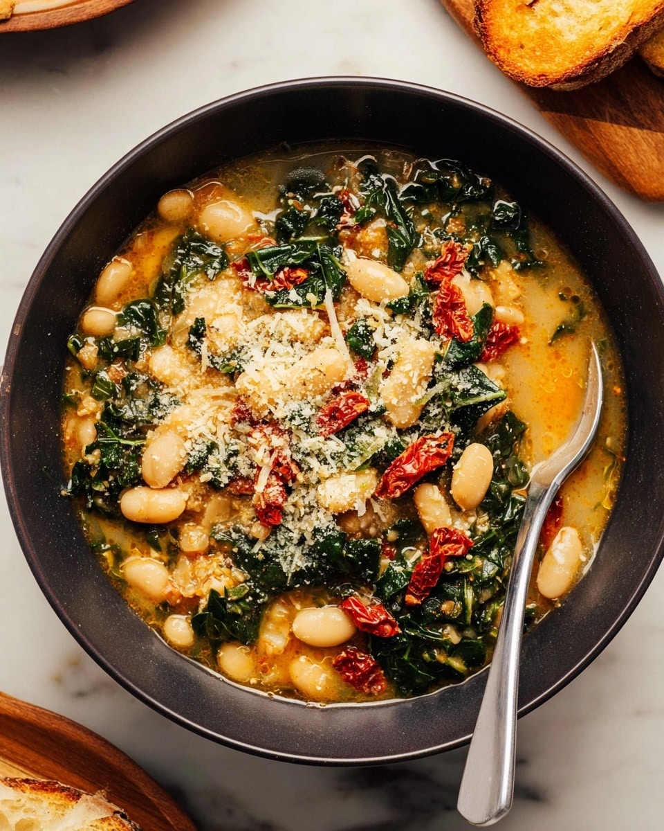 The image shows a close-up of a thick stew-like dish with three main layers: the first layer has soft creamy white beans scattered all over the dish, the second layer features dark green chopped leafy vegetables mixed evenly, and the third layer consists of small pieces of red tomatoes spread throughout. There is a shiny silver spoon resting in the middle, partially covered by the stew. The textures look juicy and slightly oily, with some visible small bits of onion adding light beige touches. The dish is in a white bowl placed on a white marbled surface. photo taken with an iphone --ar 4:5 --v 7