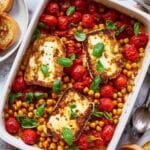 Baked Feta Chickpeas with Roasted Cherry Tomatoes and Fresh Basil Recipe