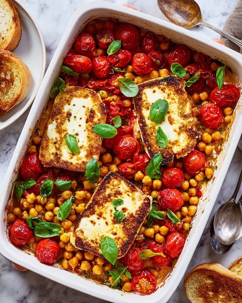 Baked Feta Chickpeas with Roasted Cherry Tomatoes and Fresh Basil Recipe