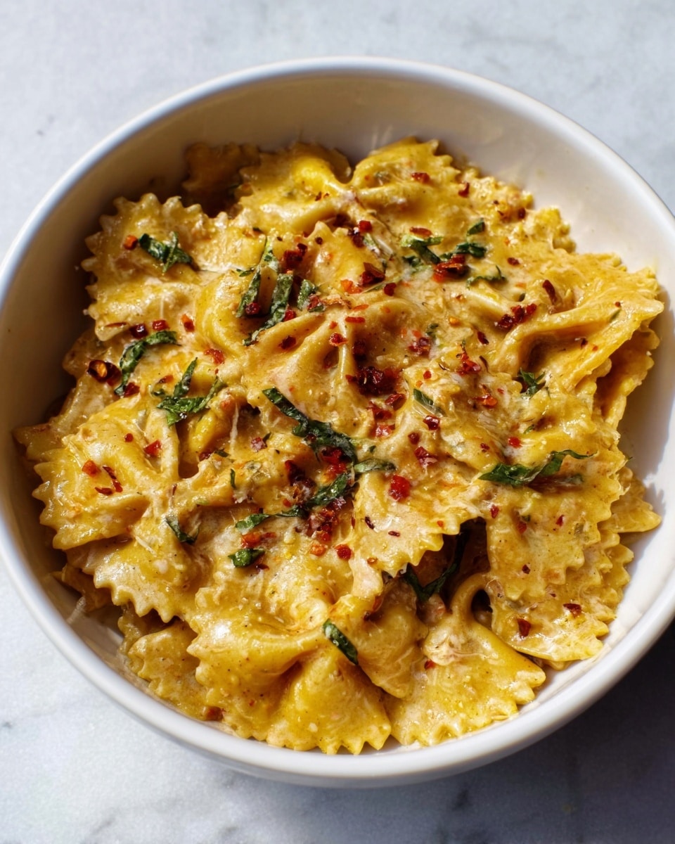 A white bowl filled with creamy pasta, showing about two layers of wide, bow-tie shaped pasta covered in a light orange sauce with small bits of red pieces and green leafy vegetables. The pasta is sprinkled with black pepper and red chili flakes on top, giving it a textured look. The bowl sits on a white marbled surface with natural light casting a soft shadow. photo taken with an iphone --ar 4:5 --v 7